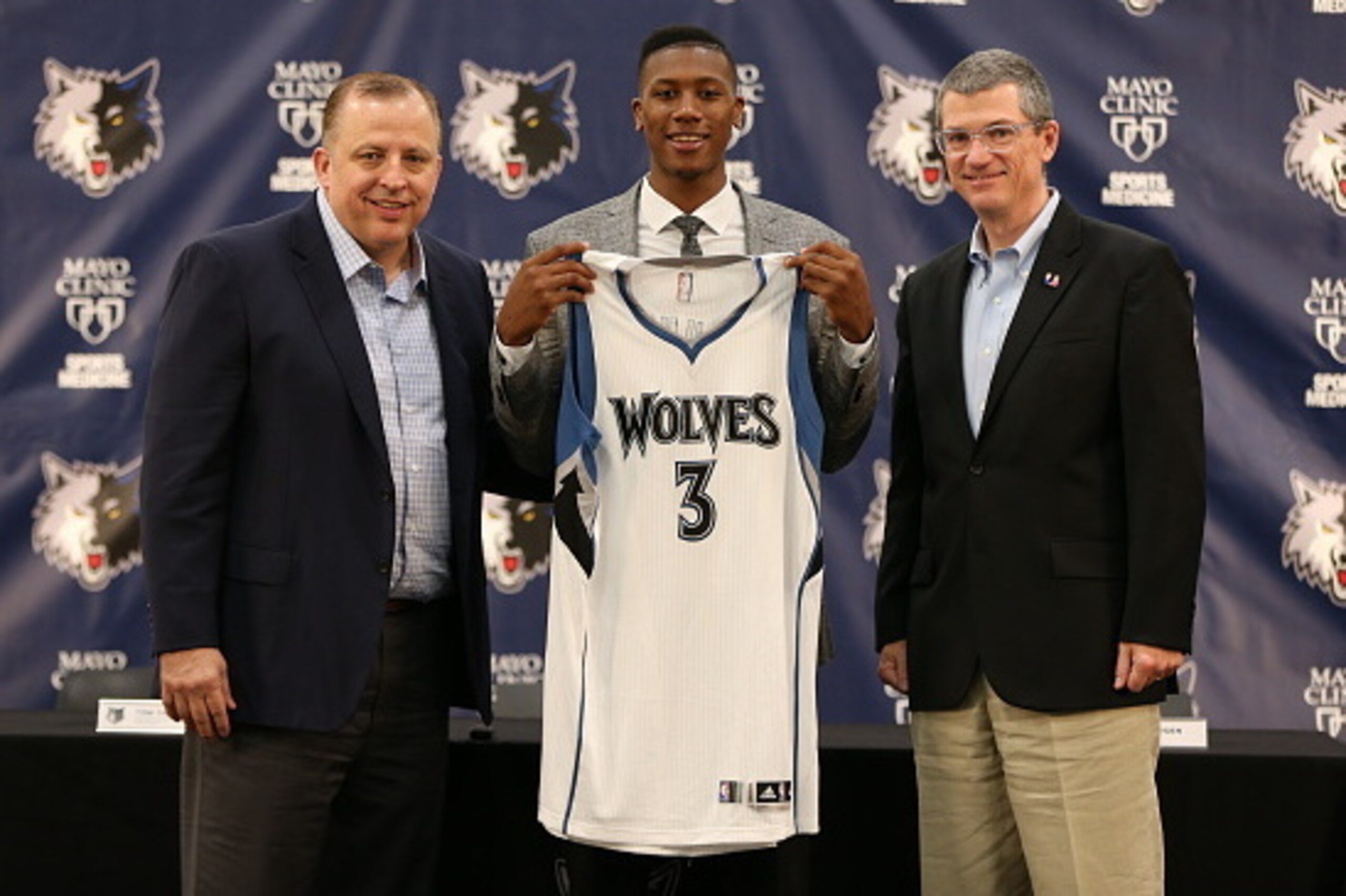 MINNEAPOLIS, MN - JUNE 24:  Minnesota Timberwolves 2016 NBA Draft Pick Kris Dunn is introduced to the media by Tom Thibodeau, President of Basketball Operations and Head Coach and Scott Layden, General Manger, on June 24, 2016 at the Minnesota Timberwolve