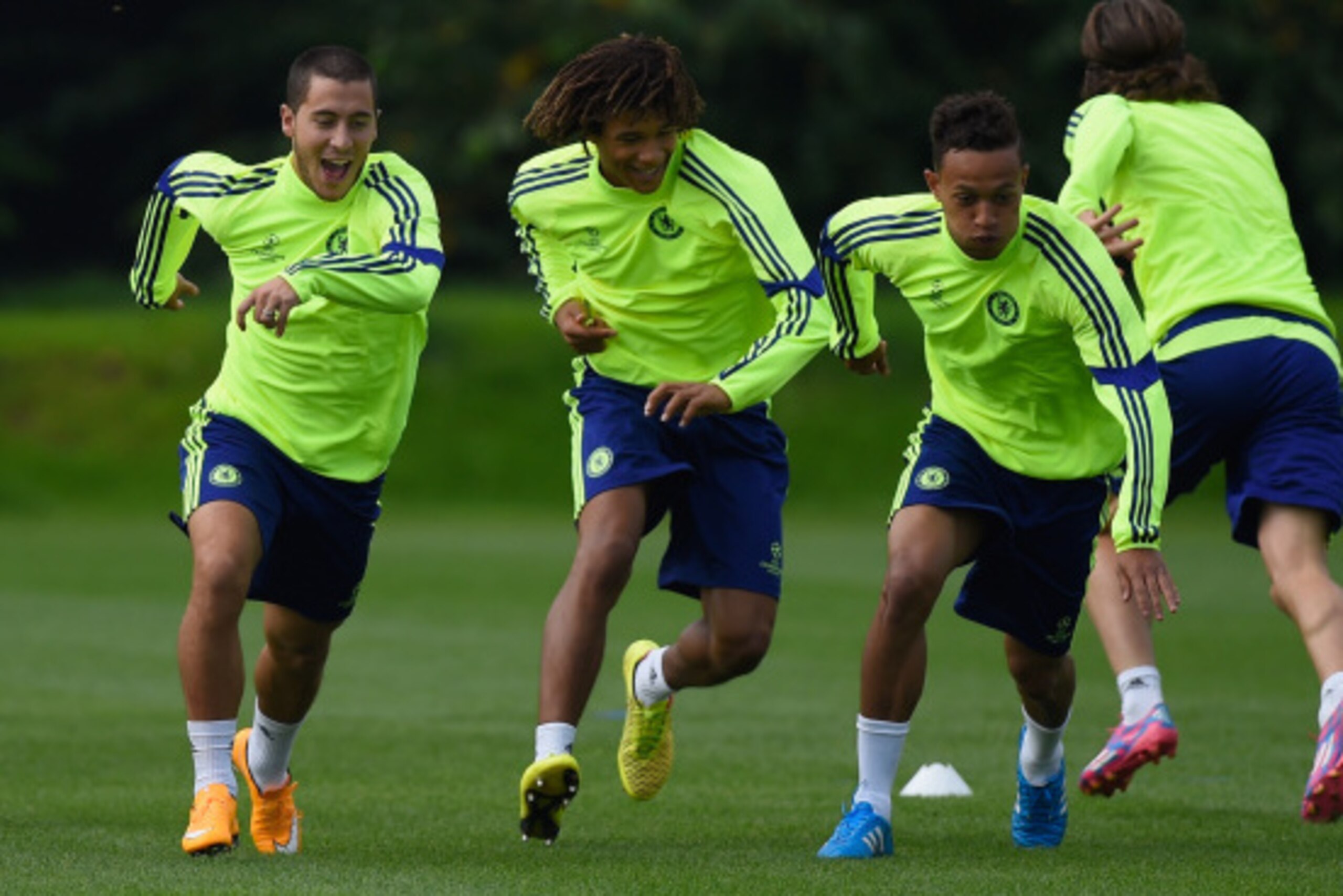 COBHAM, ENGLAND - SEPTEMBER 16: Eden Hazard, Nathan Ake and Lewis Baker of Chelsea in action during a Chelsea training session at the Chelsea training ground on September 16, 2014 in Cobham, United Kingdom. (Photo by Mike Hewitt/Getty Images) COBHAM, ENGLAND - SEPTEMBER 16: Eden Hazard, Nathan Ake and Lewis Baker of Chelsea in action during a Chelsea training session at the Chelsea training ground on September 16, 2014 in Cobham, United Kingdom. (Photo by Mike Hewitt/Getty Images)