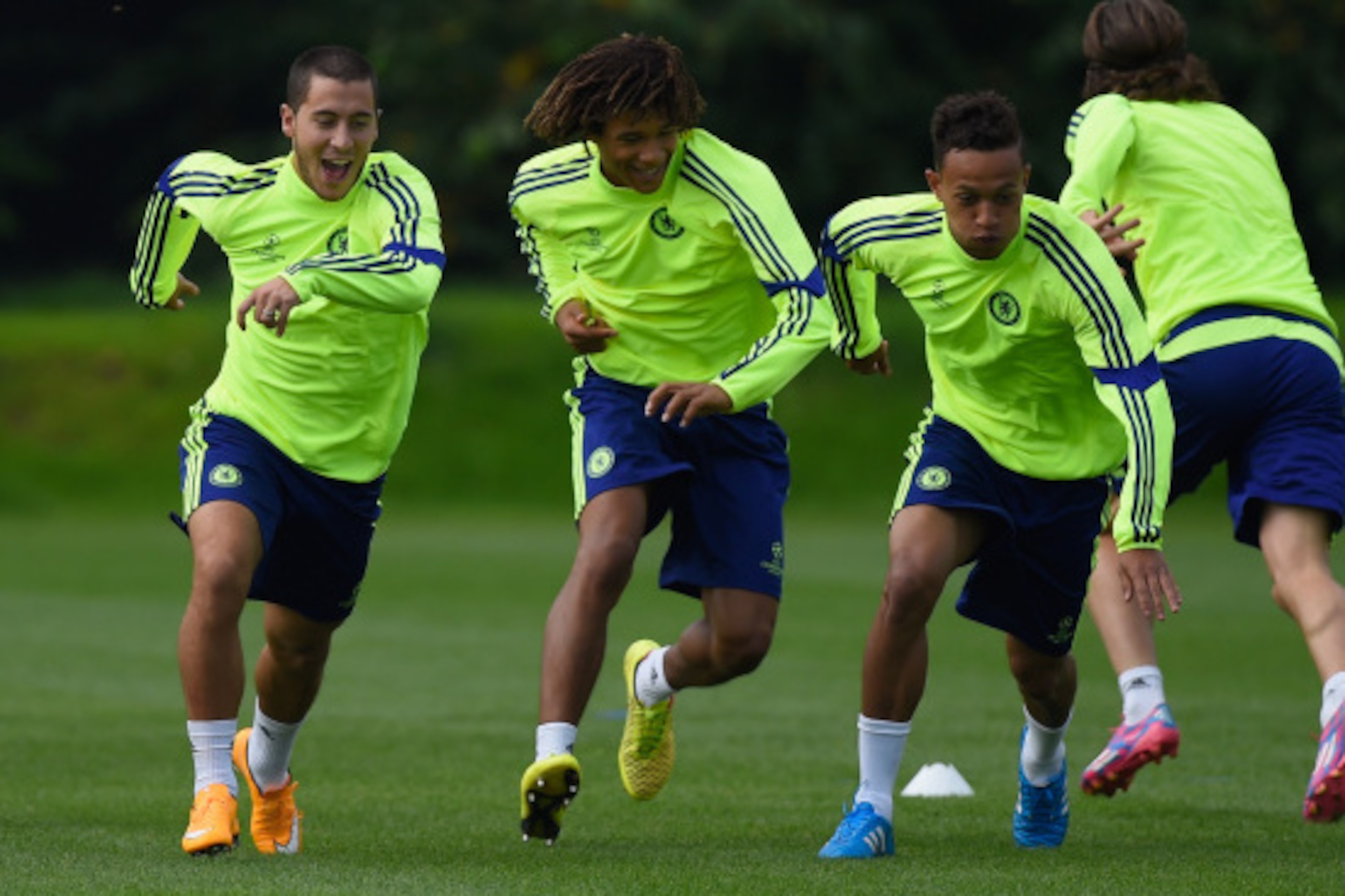COBHAM, ENGLAND - SEPTEMBER 16:  Eden Hazard, Nathan Ake and Lewis Baker of Chelsea in action during a Chelsea training session at the Chelsea training ground on September 16, 2014 in Cobham, United Kingdom.  (Photo by Mike Hewitt/Getty Images)