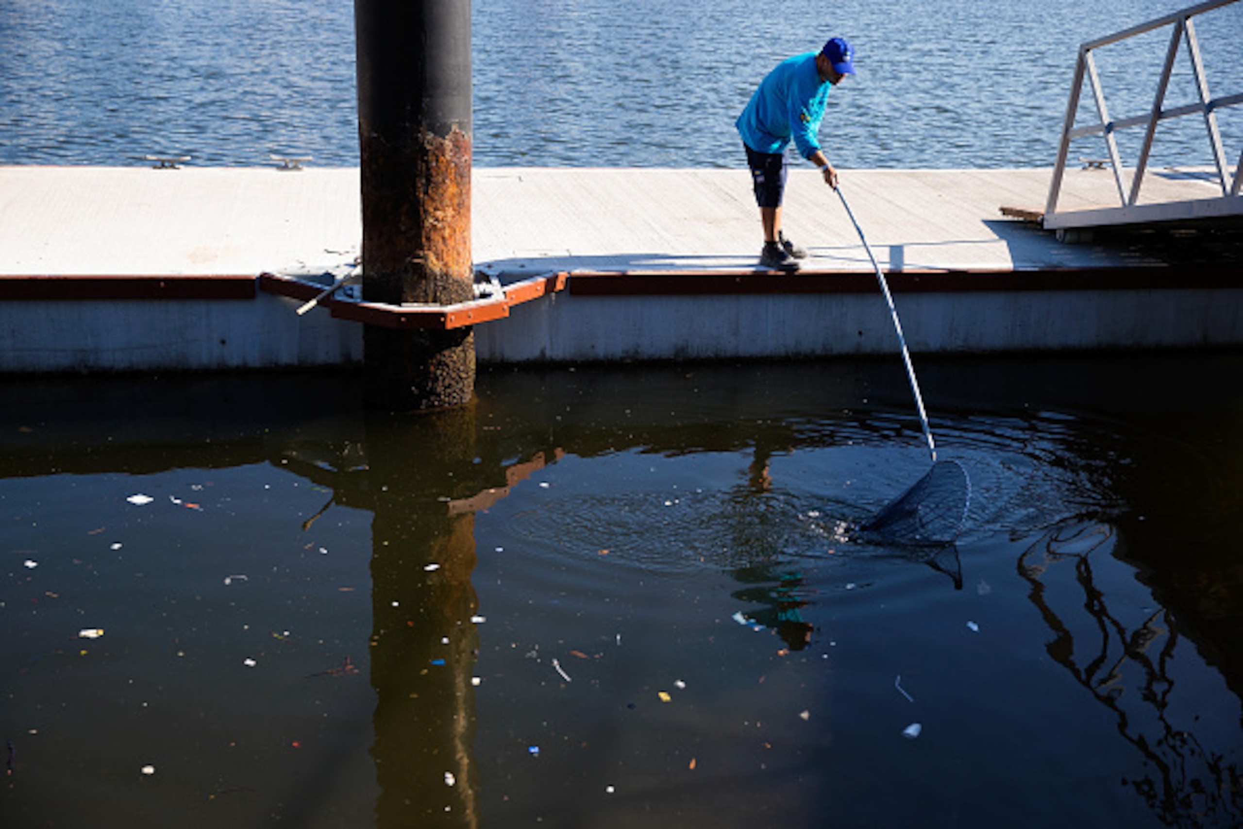 RIO DE JANEIRO, BRAZIL - APRIL 07:  A worker collects floating trash from the Guanabara Bay during the inauguration of the renovated Marina da Gloria on April 7, 2016 in Rio de Janeiro, Brazil.  (Photo by Buda Mendes/Getty Images)