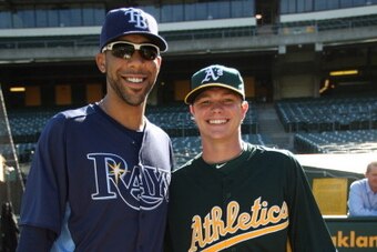 OAKLAND, CA - JULY 25:  Oakland Athletics' first round draft pick Sonny Gray stands with Vanderbilt alum David Price #14 of the Tampa Bay Rays prior to the game at the Oakland-Alameda County Coliseum on July 25, 2011 in Oakland, California. The Athletics 
