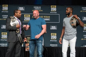 LAS VEGAS, NV - JULY 06:  (L-R) UFC lightweight champion Daniel Cormier and Jon Jones face off during the UFC 200: Press Conference in KA Theater at MGM Grand Hotel & Casino on July 6, 2016 in Las Vegas, Nevada. (Photo by Brandon Magnus/Zuffa LLC/Zuffa LL