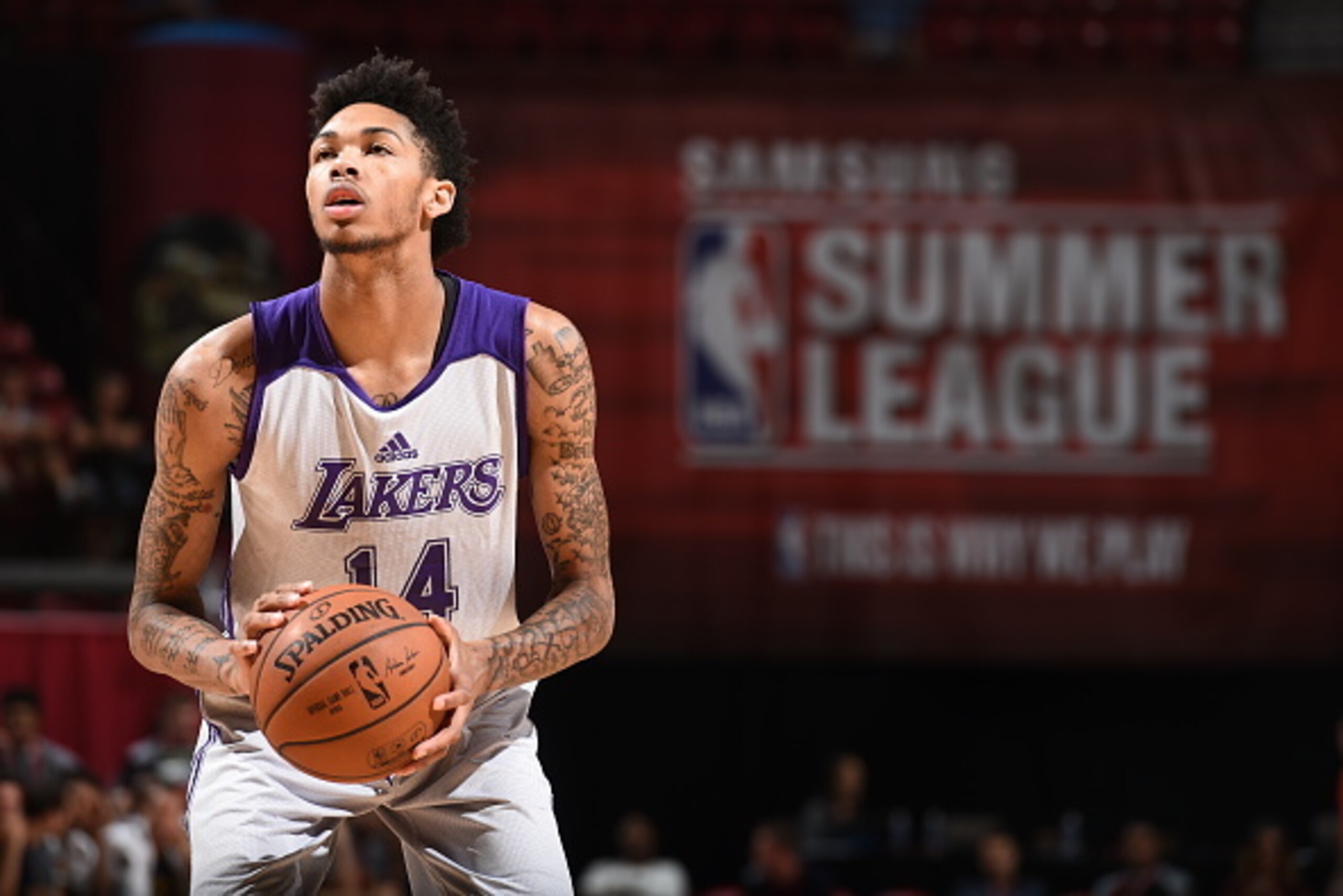 LAS VEGAS, NV - JULY 15: Brandon Ingram #14 of the Los Angeles Lakers prepares to shoot a free throw against the Utah Jazz during the 2016 NBA Las Vegas Summer League on July 15, 2016 at The Thomas & Mack Center in Las Vegas, Nevada. NOTE TO USER: User e LAS VEGAS, NV - JULY 15: Brandon Ingram #14 of the Los Angeles Lakers prepares to shoot a free throw against the Utah Jazz during the 2016 NBA Las Vegas Summer League on July 15, 2016 at The Thomas & Mack Center in Las Vegas, Nevada. NOTE TO USER: User e