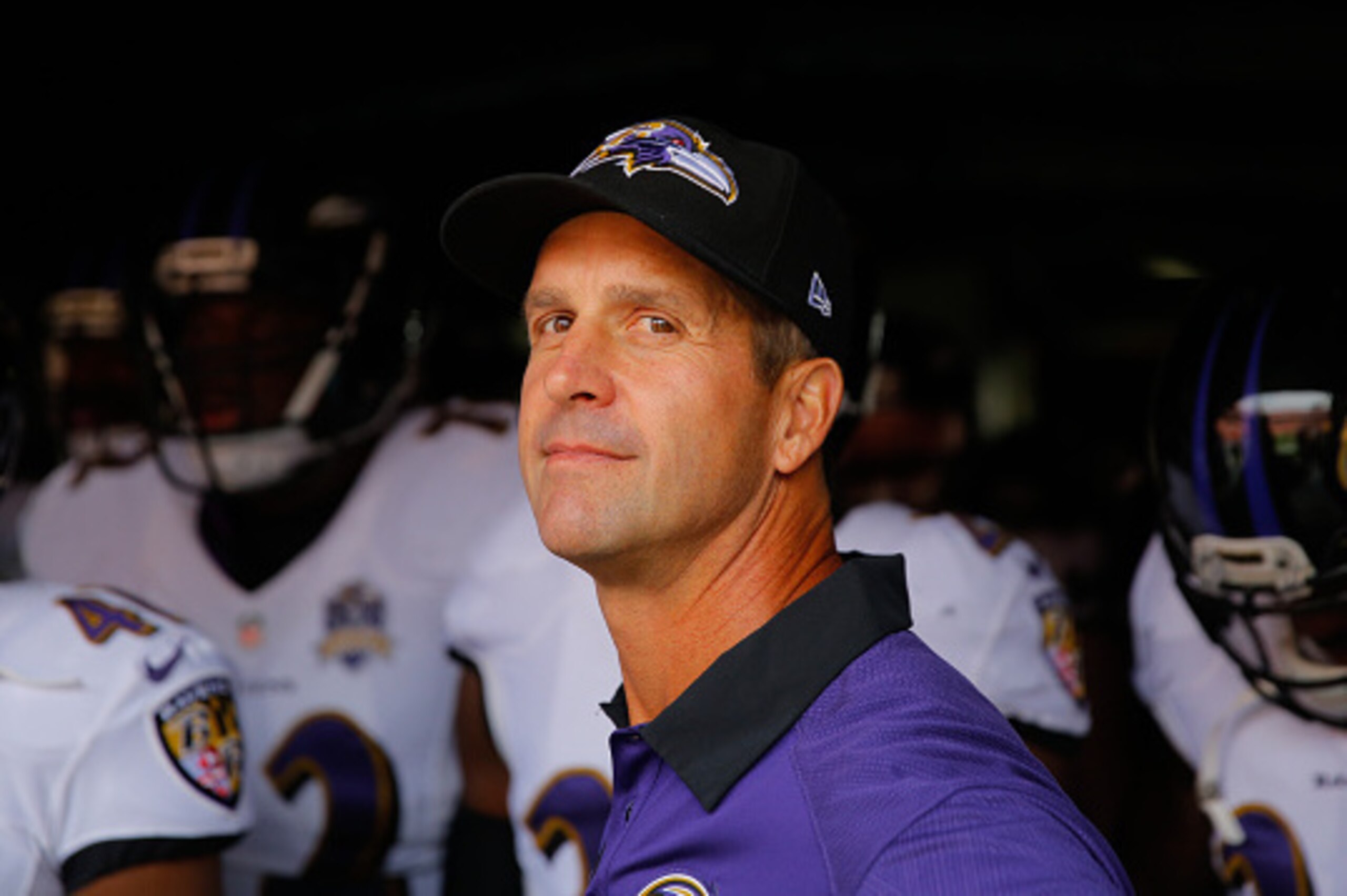 DENVER, CO - SEPTEMBER 13:  Head coach John Harbaugh of the Baltimore Ravens looks on before a game against the Denver Broncos at Sports Authority Field at Mile High on September 13, 2015 in Denver, Colorado.  (Photo by Justin Edmonds/Getty Images)