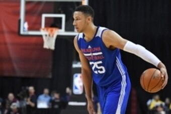 Jul 12, 2016; Las Vegas, NV, USA; Philadelphia 76ers forward Ben Simmons (25) dribbles the ball during an NBA Summer League game against the Golden State Warriors at Thomas & Mack Center. Golden State won the game 85-77. Mandatory Credit: Stephen R. Sylva
