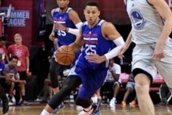 Jul 12, 2016; Las Vegas, NV, USA; Philadelphia 76ers forward Ben Simmons (25) dribbles the ball during an NBA Summer League game against the Golden State Warriors at Thomas & Mack Center. Golden State won the game 85-77. Mandatory Credit: Stephen R. Sylva