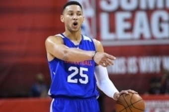 Jul 9, 2016; Las Vegas, NV, USA; Philadelphia 76ers forward Ben Simmons (25) gestures from the court during an NBA Summer League game against the Los Angeles Lakers at Thomas & Mack Center. Mandatory Credit: Stephen R. Sylvanie-USA TODAY Sports