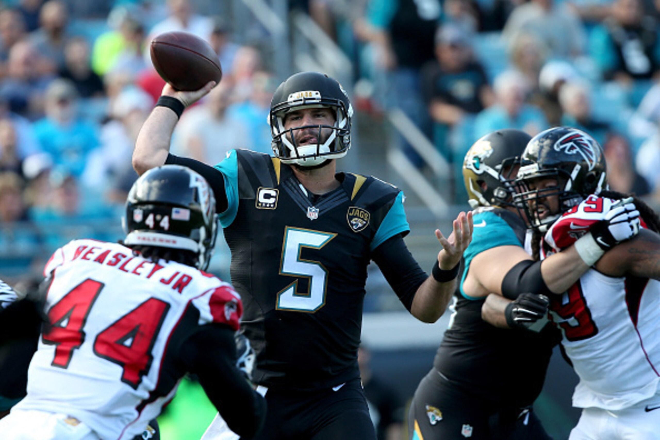 JACKSONVILLE, FL - DECEMBER 20:  Blake Bortles #5 of the Jacksonville Jaguars attempts a pass during the game against the Atlanta Falcons at EverBank Field on December 20, 2015 in Jacksonville, Florida.  (Photo by Sam Greenwood/Getty Images)