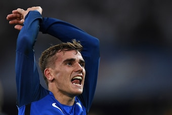 France's forward Antoine Griezmann celebrates after scoring the second goal for France during the Euro 2016 semi-final football match between Germany and France at the Stade Velodrome in Marseille on July 7, 2016.
 / AFP / FRANCK FIFE        (Photo credit