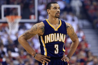 TORONTO, ON - APRIL 26:  George Hill #3 of the Indiana Pacers looks on in the first half during Game Five of the Eastern Conference Quarterfinals against the Toronto Raptors during the 2016 NBA Playoffs at the Air Canada Centre on April 26, 2016 in Toront