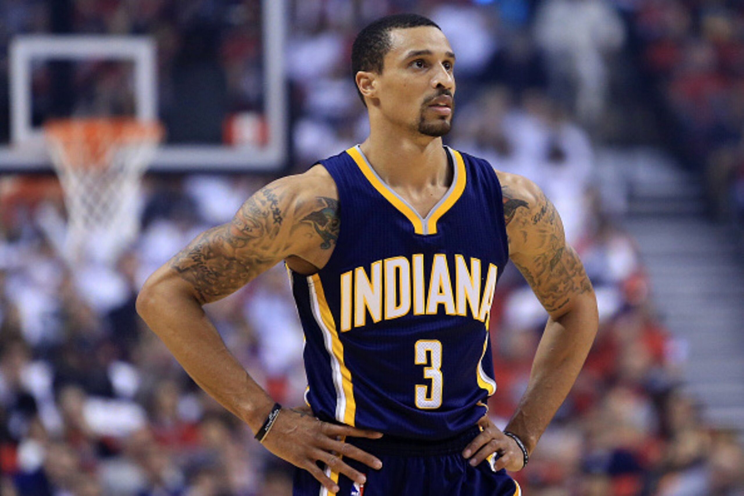 TORONTO, ON - APRIL 26:  George Hill #3 of the Indiana Pacers looks on in the first half during Game Five of the Eastern Conference Quarterfinals against the Toronto Raptors during the 2016 NBA Playoffs at the Air Canada Centre on April 26, 2016 in Toront