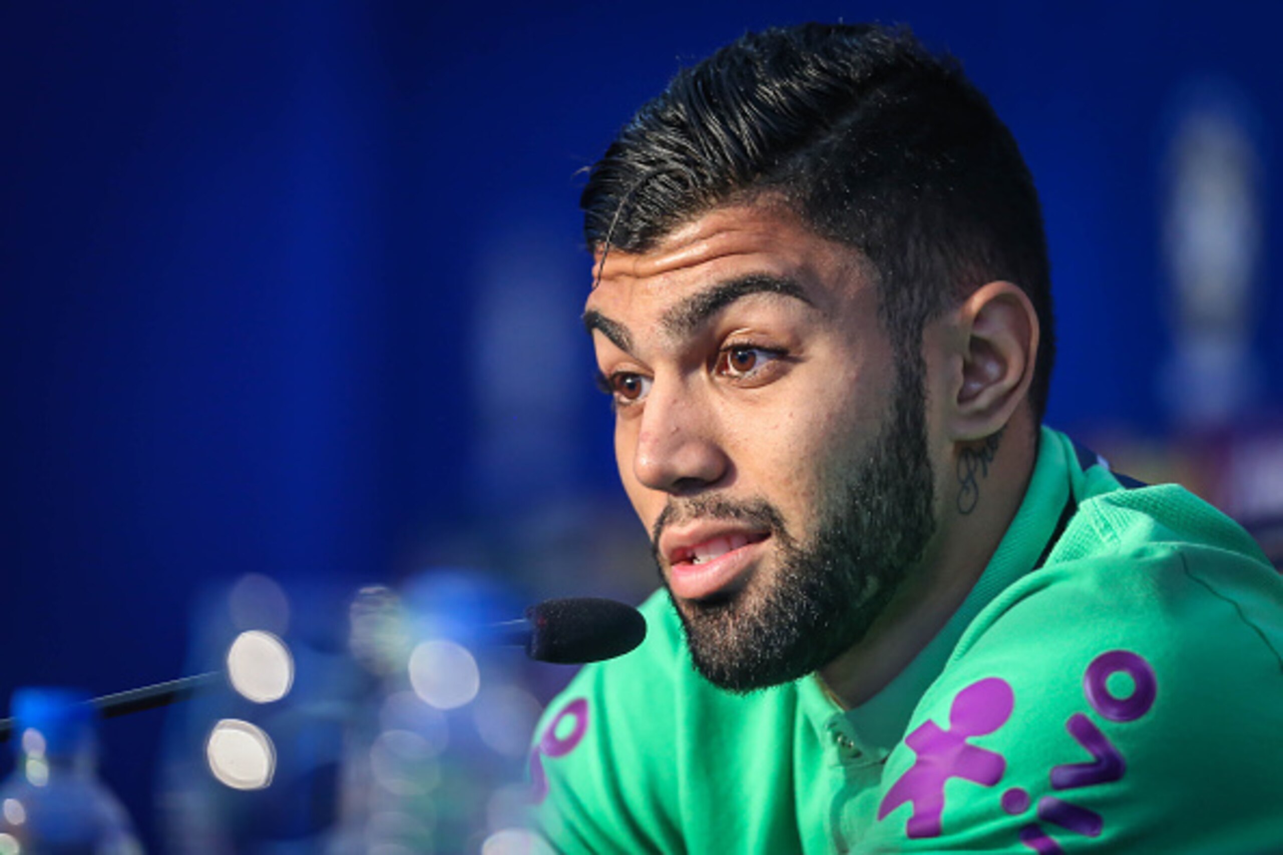 Brazil's football team player Gabriel, aka Gabigol, speaks during a press conference before a training at their hotel in Viamao, Brazil, on March 27, 2016. Brazil will face Paraguay on March 29 in a FIFA World Cup Russia 2018 South American qualifier. AFP
