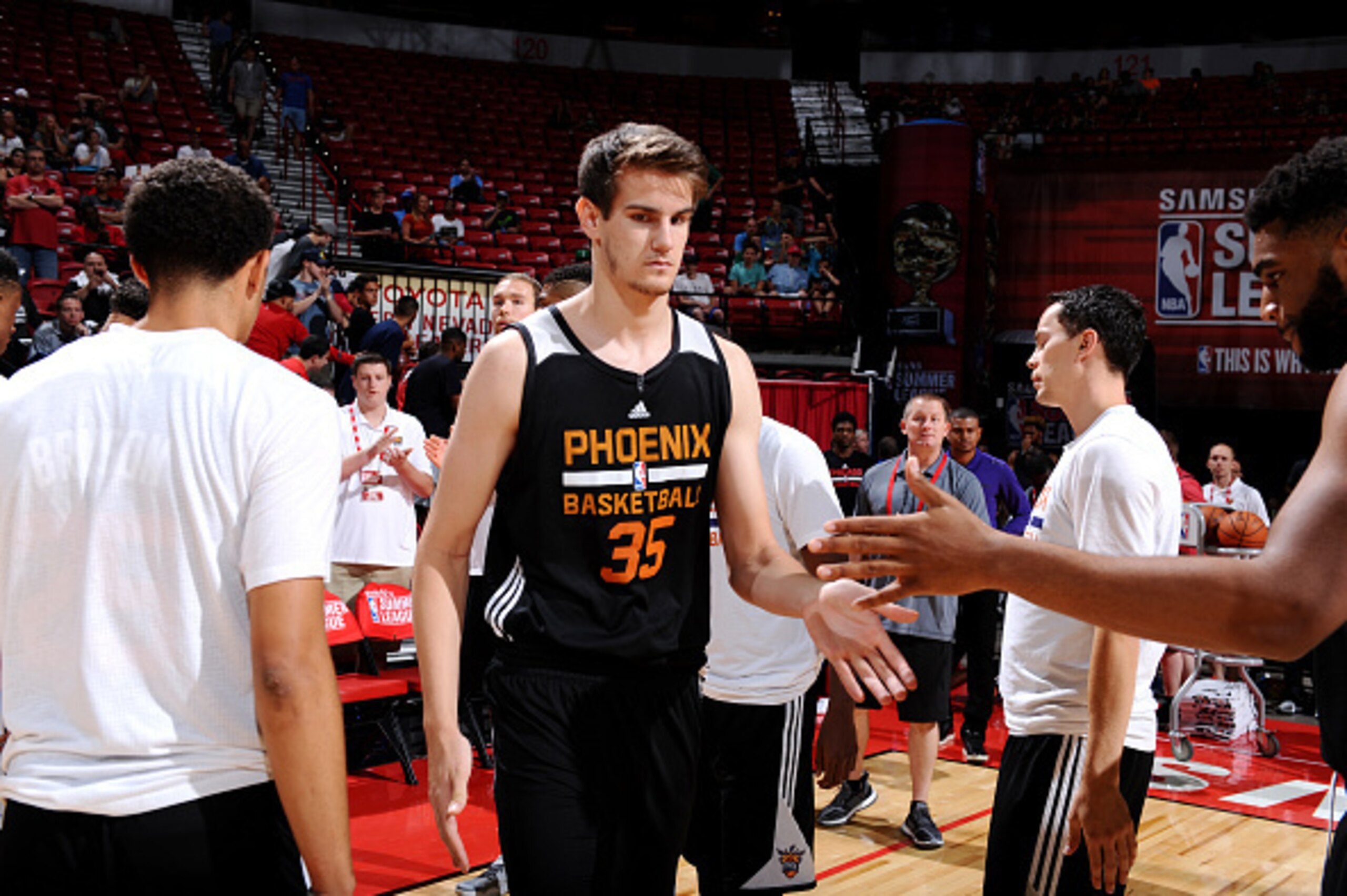 LAS VEGAS, NV - JULY 10: Dragan Bender #35 of Phoenix Suns gets introduced before the game against the Boston Celtics during the 2016 NBA Las Vegas Summer League on July 10, 2016 at the Thomas & Mack Center in Las Vegas, Nevada. NOTE TO USER: User express