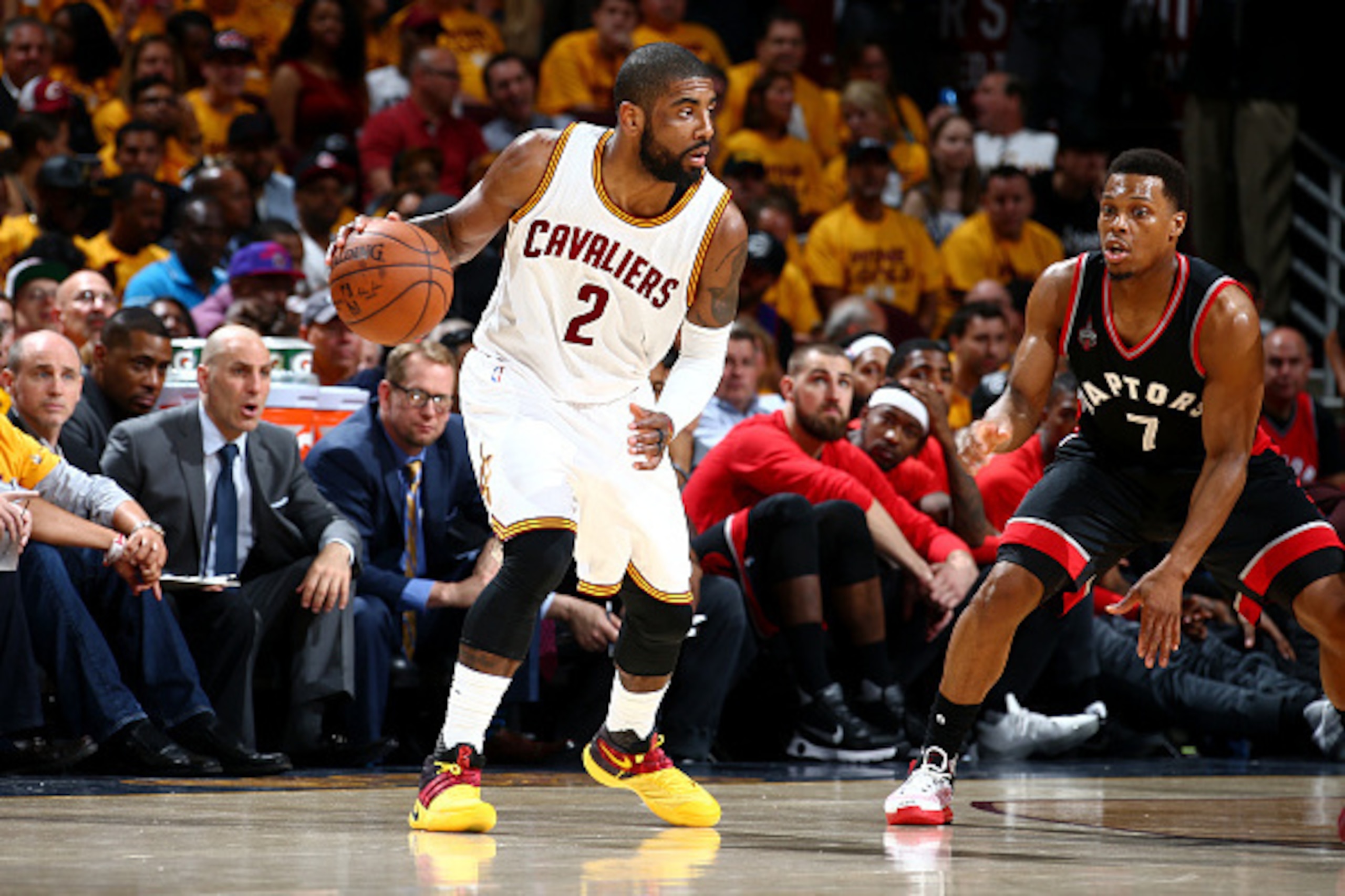 CLEVELAND, OH - MAY 25:  Kyrie Irving #2 of the Cleveland Cavaliers handles the ball against Kyle Lowry #7 of the Toronto Raptors in Game Five of the Eastern Conference Finals during the 2016 NBA Playoffs on May 25, 2016 at Quicken Loans Arena in Clevelan