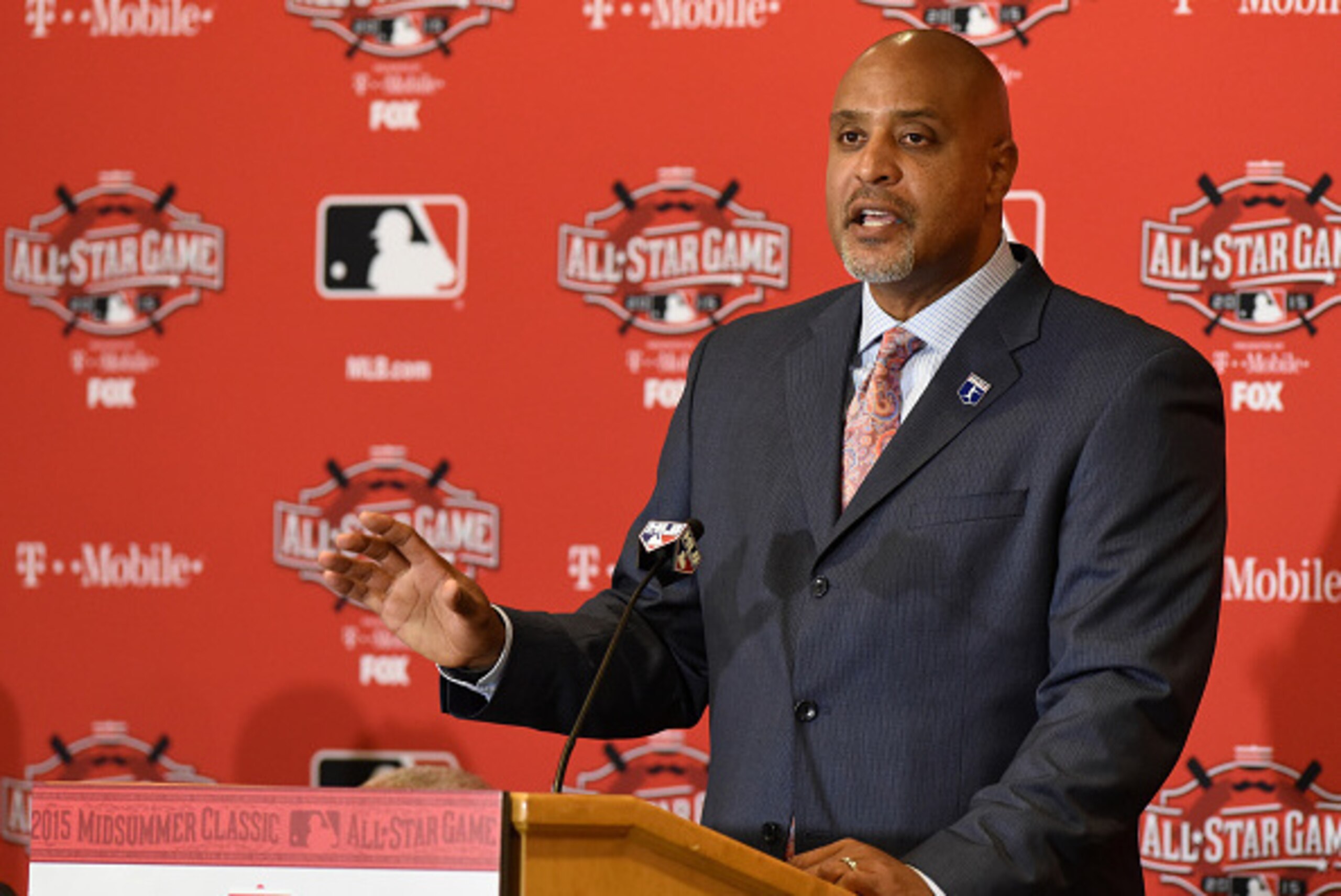CINCINNATI, OH - JULY 13:  Executive Director of  the Major League Baseball Players Association Tony Clark talks to reporters during the MLB All Star Media Availability Day at the Westin Cincinnati Hotel on July 13, 2015 in Cincinnati, Ohio.  (Photo by Ma