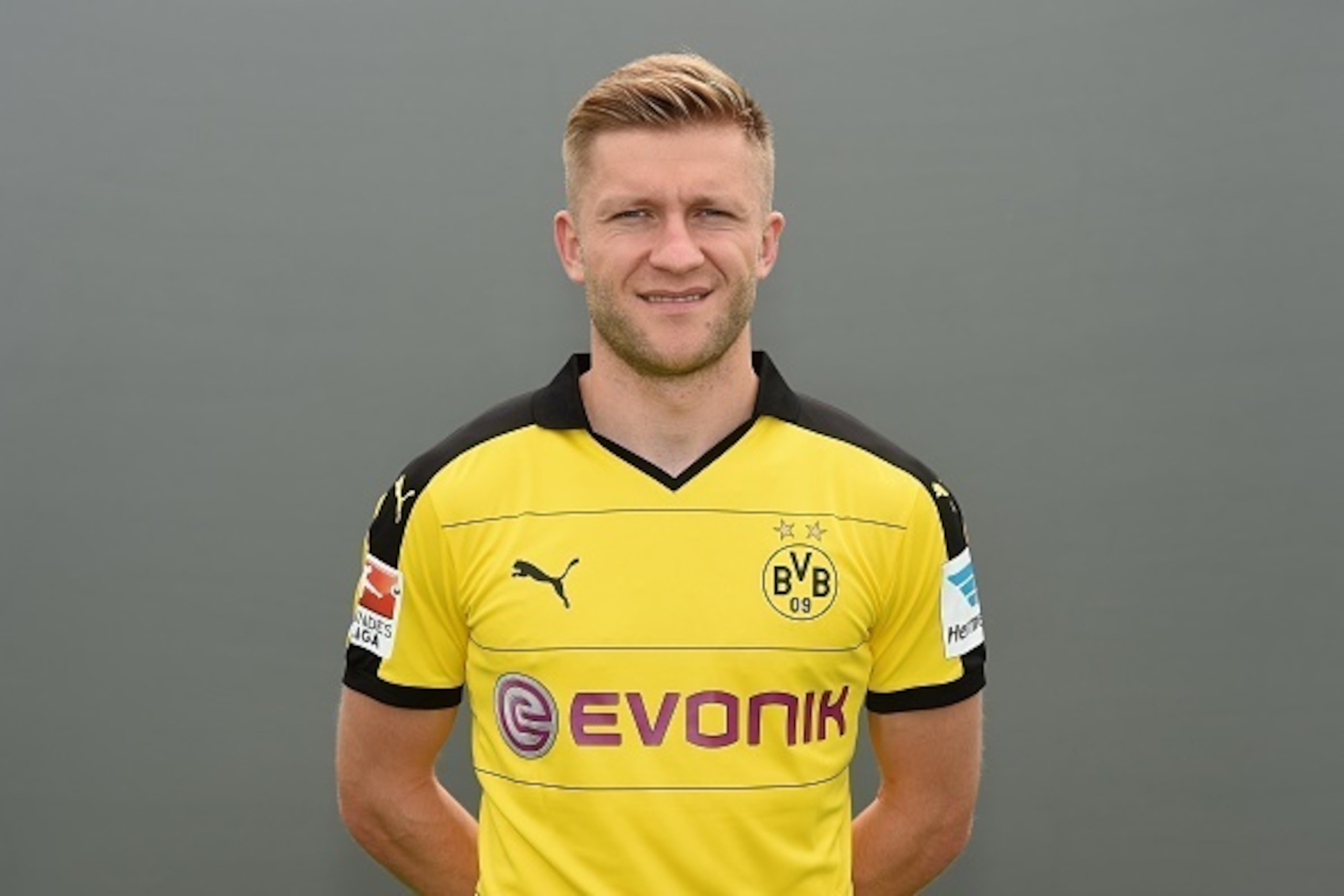 Dortmund's Polish midfielder Jakub Blaszczykowski poses during the team presentation of German first division Bundesliga football club Borussia Dortmund at the Dortmund Brackel training grounds on July 15, 2015 in Dortmund, western Germany. AFP PHOTO / PA