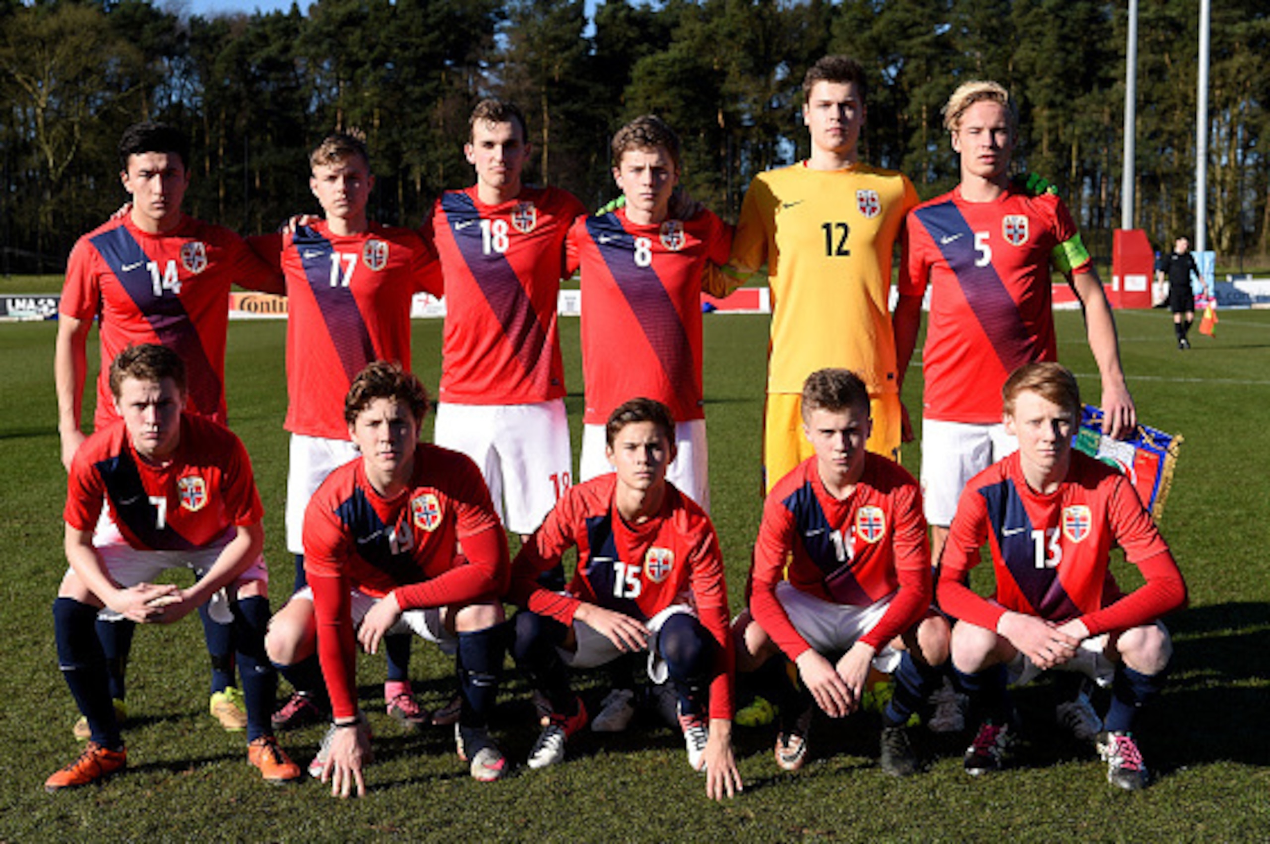 BURTON-UPON-TRENT, ENGLAND - FEBRUARY 18: The Norway U16s team, (back row L/R) Mohammed Mohammedi, Marius Larsen, Kevin Krygard, Johan Hove, Hermann Raestad and Erik Tobias Sandberg. (front row L/R) Mikael Ugland, Kristian Bjamer, Marcus Solbakken, And BURTON-UPON-TRENT, ENGLAND - FEBRUARY 18: The Norway U16s team, (back row L/R) Mohammed Mohammedi, Marius Larsen, Kevin Krygard, Johan Hove, Hermann Raestad and Erik Tobias Sandberg. (front row L/R) Mikael Ugland, Kristian Bjamer, Marcus Solbakken, And