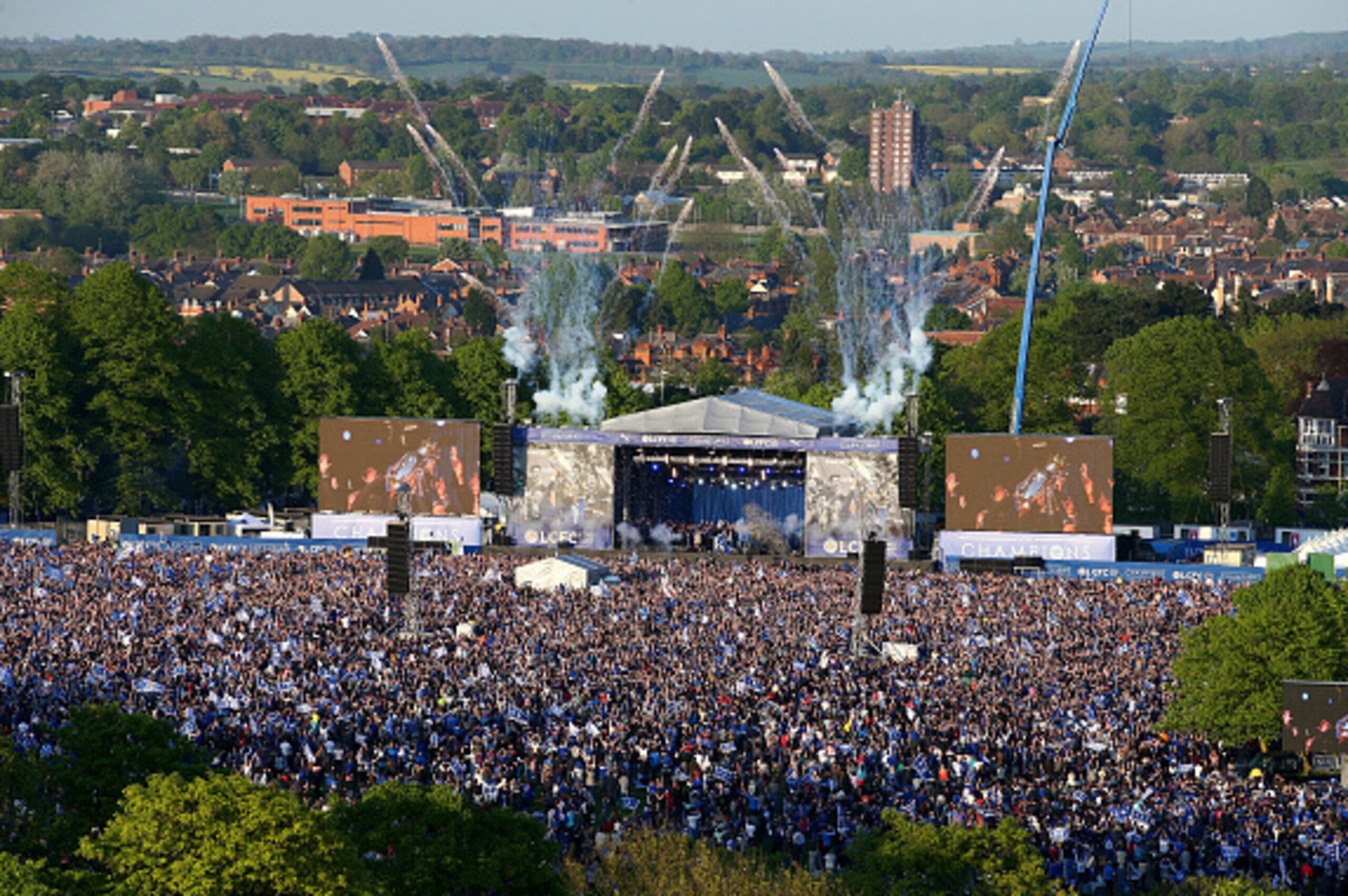 LEICESTER, ENGLAND - MAY 16:  A general view of the celebration stage during the Leicester City Barclays Premier League winners bus parade on May 16, 2016 in Leicester, England.  (Photo by Alex Pantling/Getty Images)