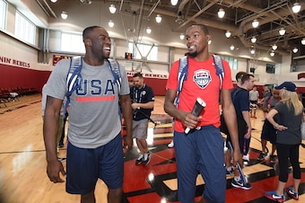 LAS VEGAS, NV - JULY 18:  Draymond Green #14 and Kevin Durant #5 of the USA Basketball Men's National Team during practice on July 18, 2016 at Mendenhall Center on the University of Nevada, Las Vegas campus in Las Vegas, Nevada. NOTE TO USER: User express