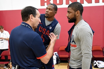 LAS VEGAS, NV - JULY 18: Head Coach Mike Krzyzewski, Kevin Durant #5 and Kyrie Irving #10 of the USA Basketball Men's National Team converse during practice on July 18, 2016 at Mendenhall Center on the University of Nevada, Las Vegas campus in Las Vegas, 