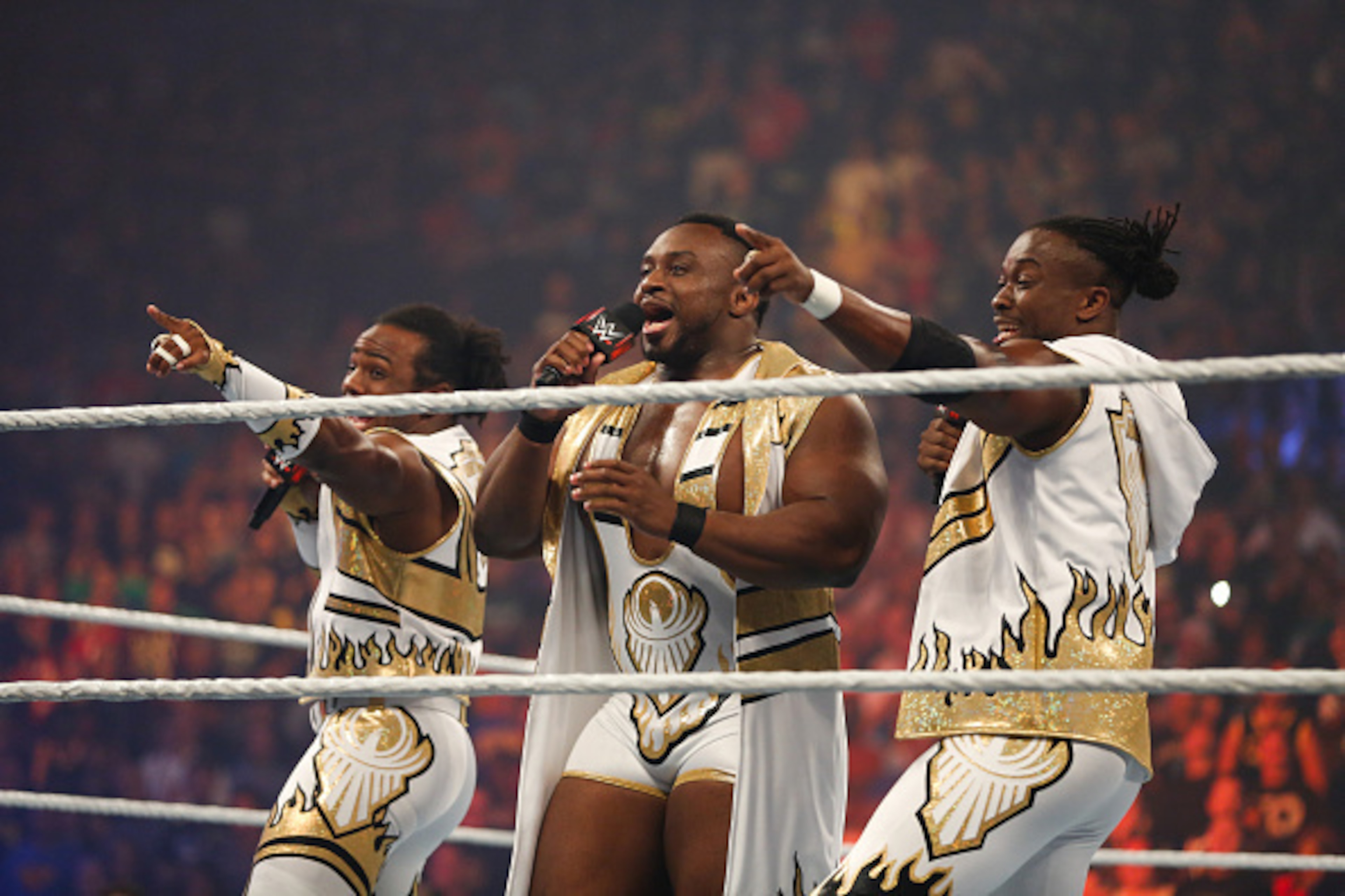 NEW YORK, NY - AUGUST 23:  New Day enter the ring at the WWE SummerSlam 2015  at Barclays Center of Brooklyn on August 23, 2015 in New York City.  (Photo by JP Yim/Getty Images)