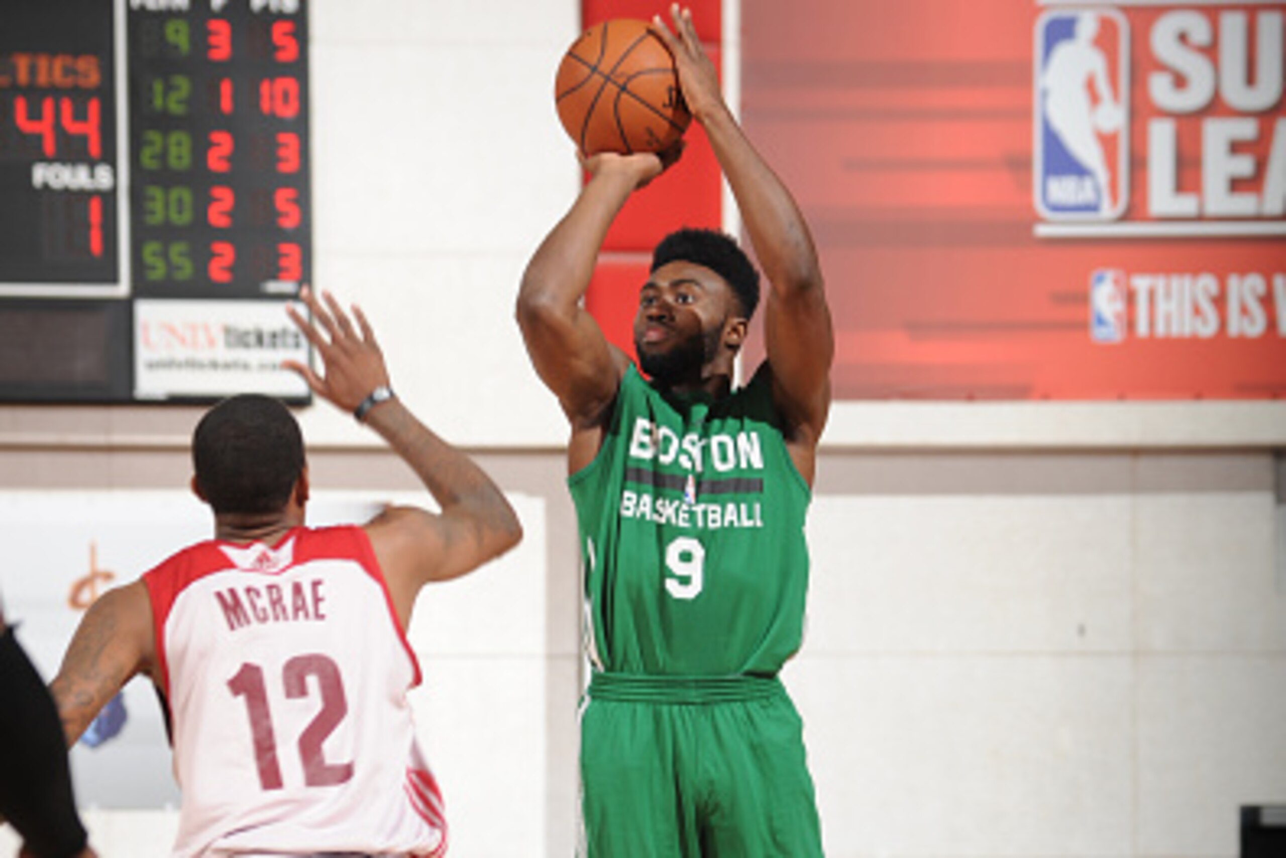 LAS VEGAS, NV - JULY 13: Jaylen Brown #9 of the Boston Celtics shoots the ball against the Cleveland Cavaliers during the 2016 NBA Las Vegas Summer League game on July 13, 2016 at the Cox Pavillion in Las Vegas, Nevada. NOTE TO USER: User expressly acknow