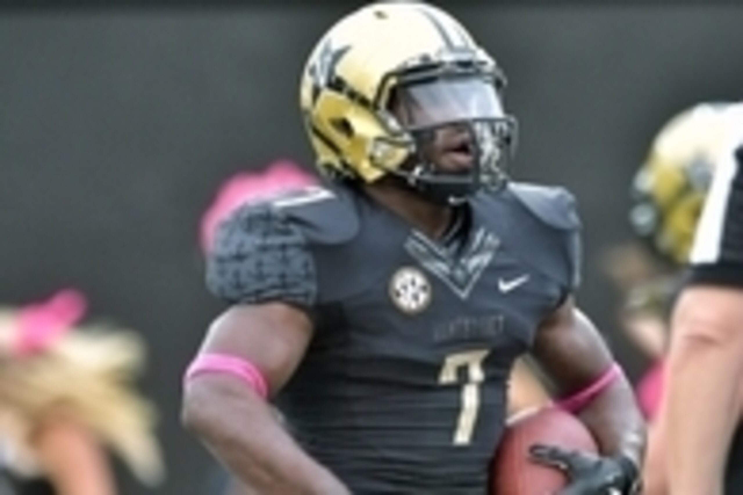 Oct 24, 2015; Nashville, TN, USA; Vanderbilt Commodores running back Ralph Webb (7) reacts after scoring a touchdown against the Missouri Tigers during the first half at Vanderbilt Stadium. Mandatory Credit: Jim Brown-USA TODAY Sports