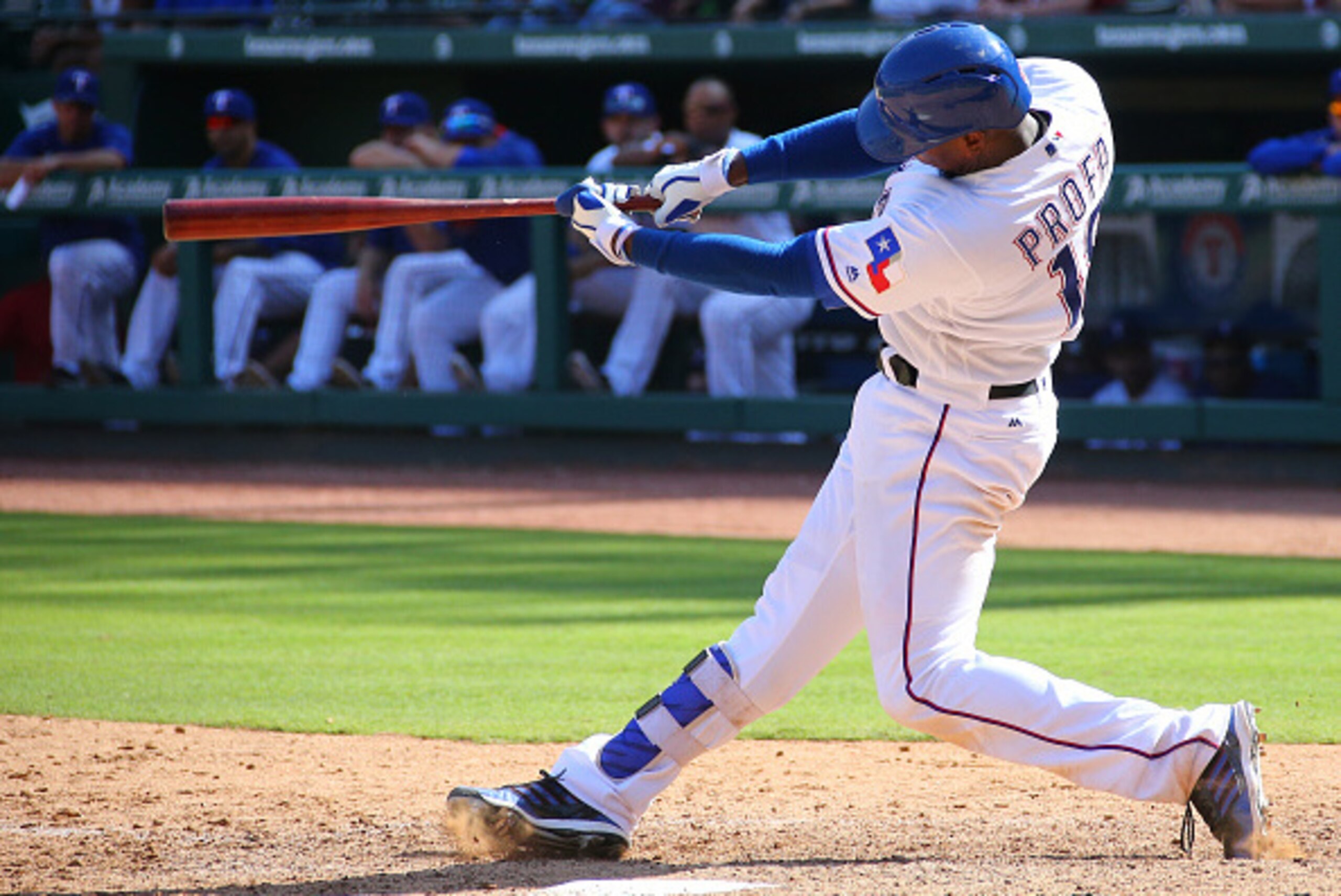 ARLINGTON, TX - JULY 10: Jurickson Profar #19 of the Texas Rangers hits a solo home run in the ninth inning against the Minnesota Twins at Globe Life Park in Arlington on July 10, 2016 in Arlington, Texas. (Photo by Rick Yeatts/Getty Images)