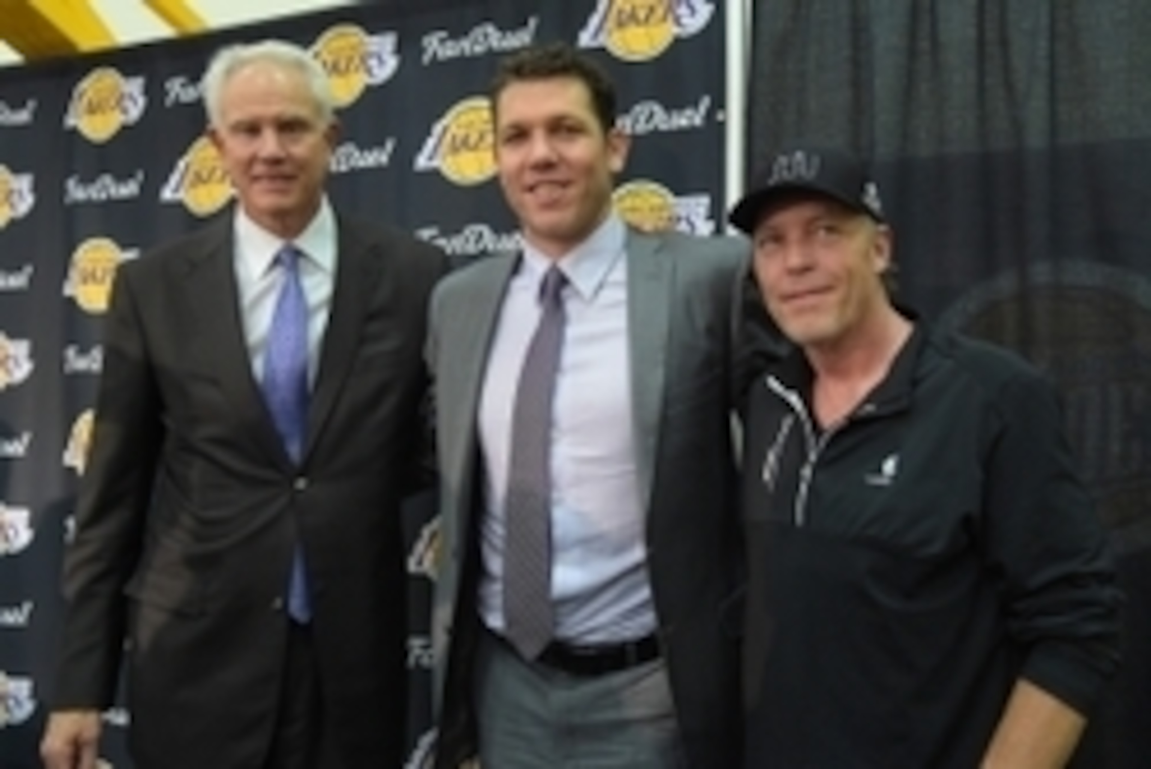 Jun 21, 2016; El Segunda, CA, USA;  Los Angeles Lakers general manager Mitch Kupchak, head coach Luke Walton and part-owner and executive vice president of basketball operations Jim Buss at today's press conference at Toyota Sports Center. Mandatory Credi