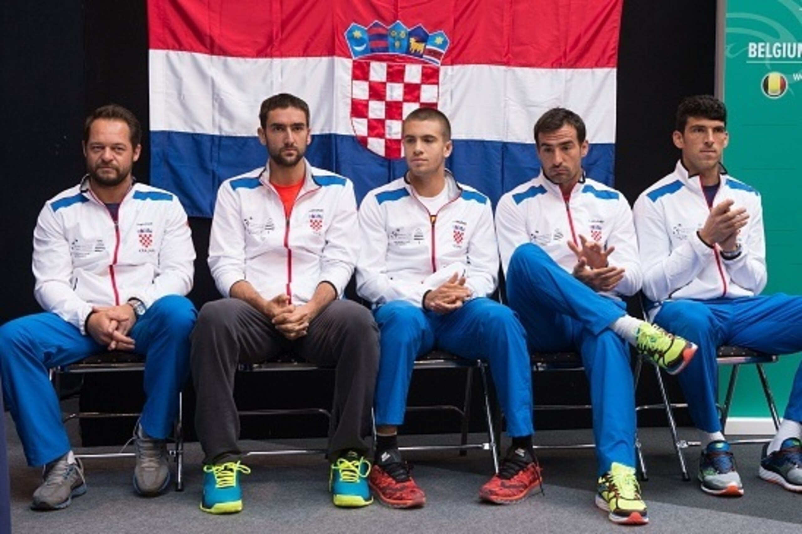 (From L to R) Croatia's davis cup team captain Zeljko Krajan and Croatian tennis players Marin Cilic, Borna Coric, Ivan Dodig and Franko Skugor attend the playing schedule draw of their Davis Cup first round World Group meeting against Croatia, on March 0