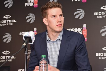 TORONTO, CANADA - JUNE 24:  Toronto Raptors GM, Masai Ujiri introduces the teams 2016 NBA Draft pick, Jakob Poeltl during a Press Conference on June 24, 2016 at the BioSteel Centre in Toronto, Ontario, Canada.  NOTE TO USER: User expressly acknowledges an