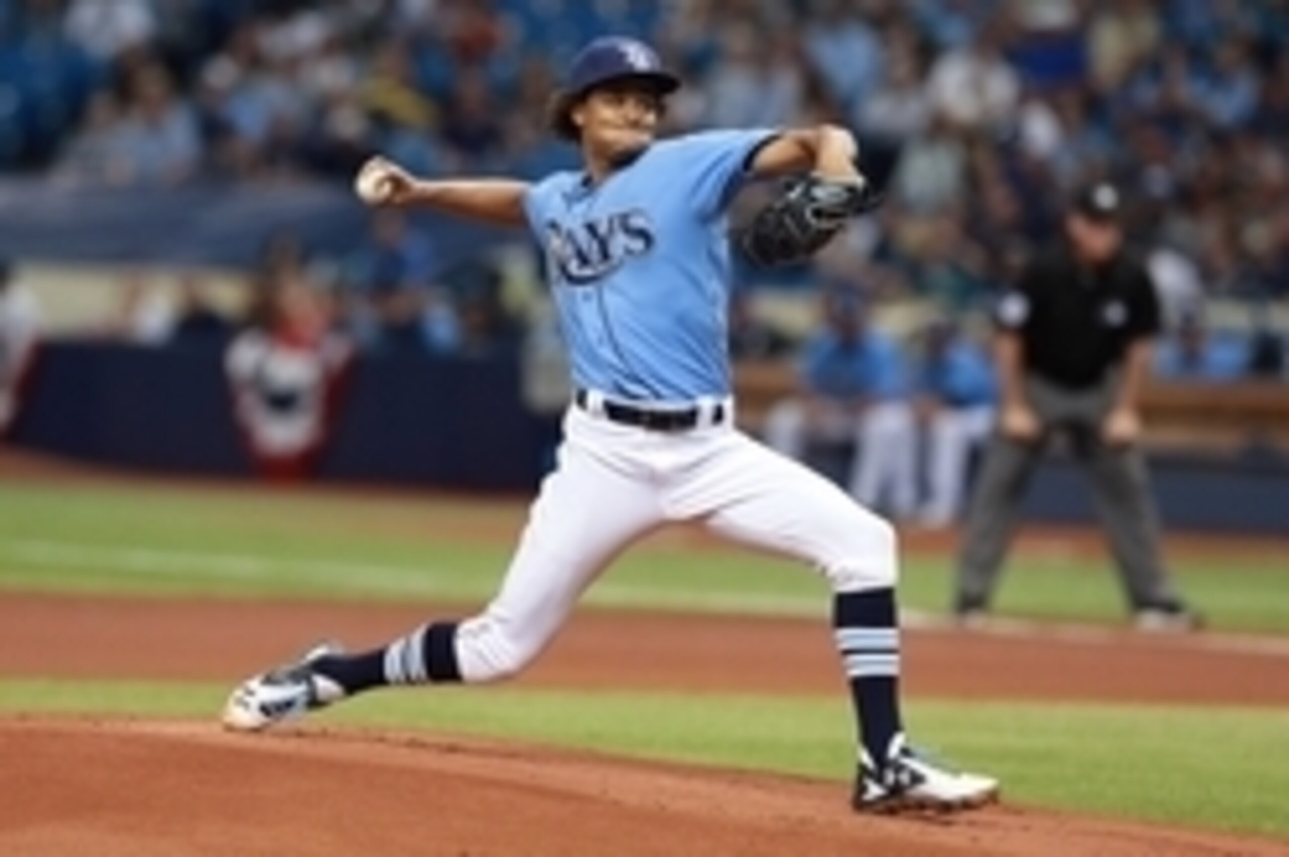 Apr 3, 2016; St. Petersburg, FL, USA; Tampa Bay Rays starting pitcher Chris Archer (22) throws a pitch during the first inning against the Toronto Blue Jays at Tropicana Field. Mandatory Credit: Kim Klement-USA TODAY Sports