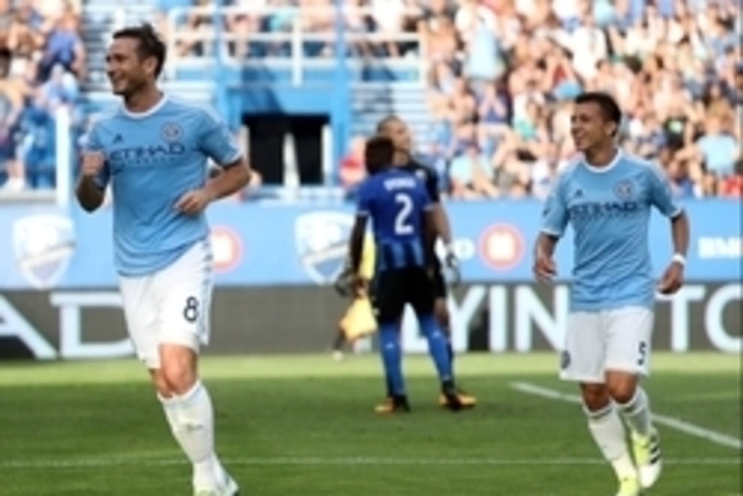 Jul 17, 2016; Montreal, Quebec, CAN; New York City FC midfielder Frank Lampard (8) celebrates his goal against Montreal Impact goalkeeper Evan Bush (1) with midfielder Mikey Lopez (5) during the second half at Stade Saputo. Mandatory Credit: Jean-Yves Ahe Jul 17, 2016; Montreal, Quebec, CAN; New York City FC midfielder Frank Lampard (8) celebrates his goal against Montreal Impact goalkeeper Evan Bush (1) with midfielder Mikey Lopez (5) during the second half at Stade Saputo. Mandatory Credit: Jean-Yves Ahe