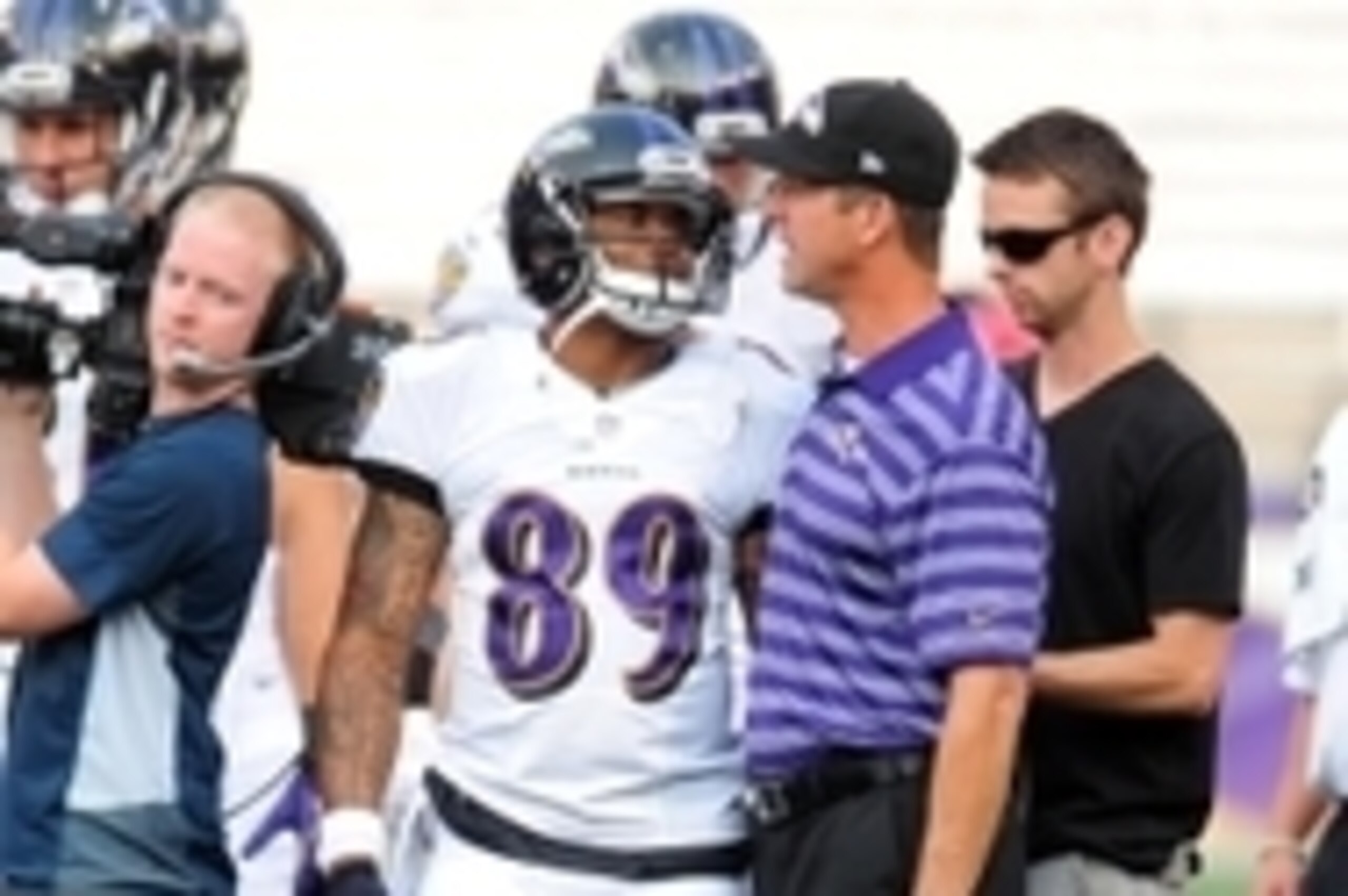 Aug 7, 2014; Baltimore, MD, USA; Baltimore Ravens wide receiver Steve Smith, Sr. (89) talks to head coach John Harbaugh prior to the game against the San Francisco 49ers at M&T Bank Stadium. Mandatory Credit: Evan Habeeb-USA TODAY Sports Aug 7, 2014; Baltimore, MD, USA; Baltimore Ravens wide receiver Steve Smith, Sr. (89) talks to head coach John Harbaugh prior to the game against the San Francisco 49ers at M&T Bank Stadium. Mandatory Credit: Evan Habeeb-USA TODAY Sports