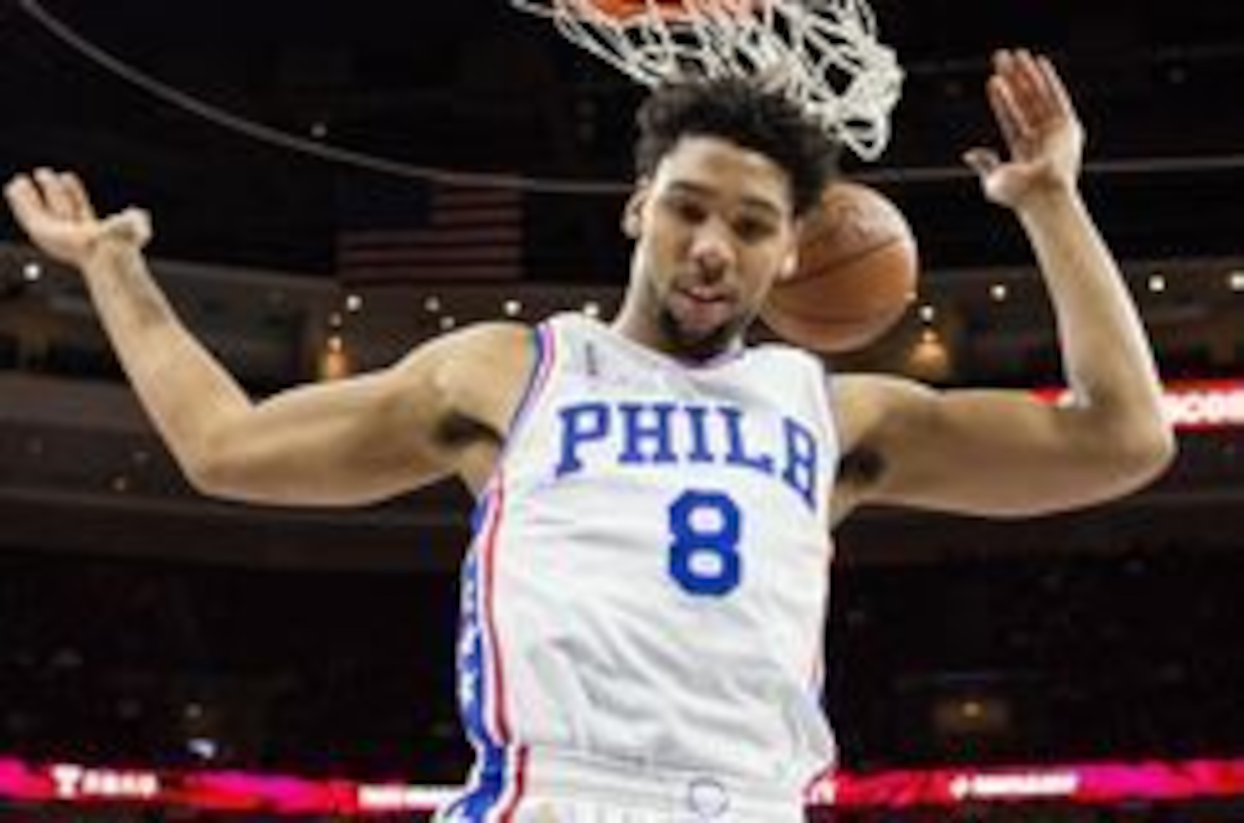 Feb 8, 2016; Philadelphia, PA, USA; Philadelphia 76ers center Jahlil Okafor (8) dunks against the Los Angeles Clippers during the first half at Wells Fargo Center. The Clippers won 98-92 in overtime. Mandatory Credit: Bill Streicher-USA TODAY Sports