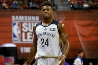 Jul 8, 2016; Las Vegas, NV, USA; New Orleans Pelicans guard Buddy Hield (24) walks towards the bench during an NBA Summer League game against the Los Angeles Lakers at Thomas &  Mack Center. Mandatory Credit: Stephen R. Sylvanie-USA TODAY Sports