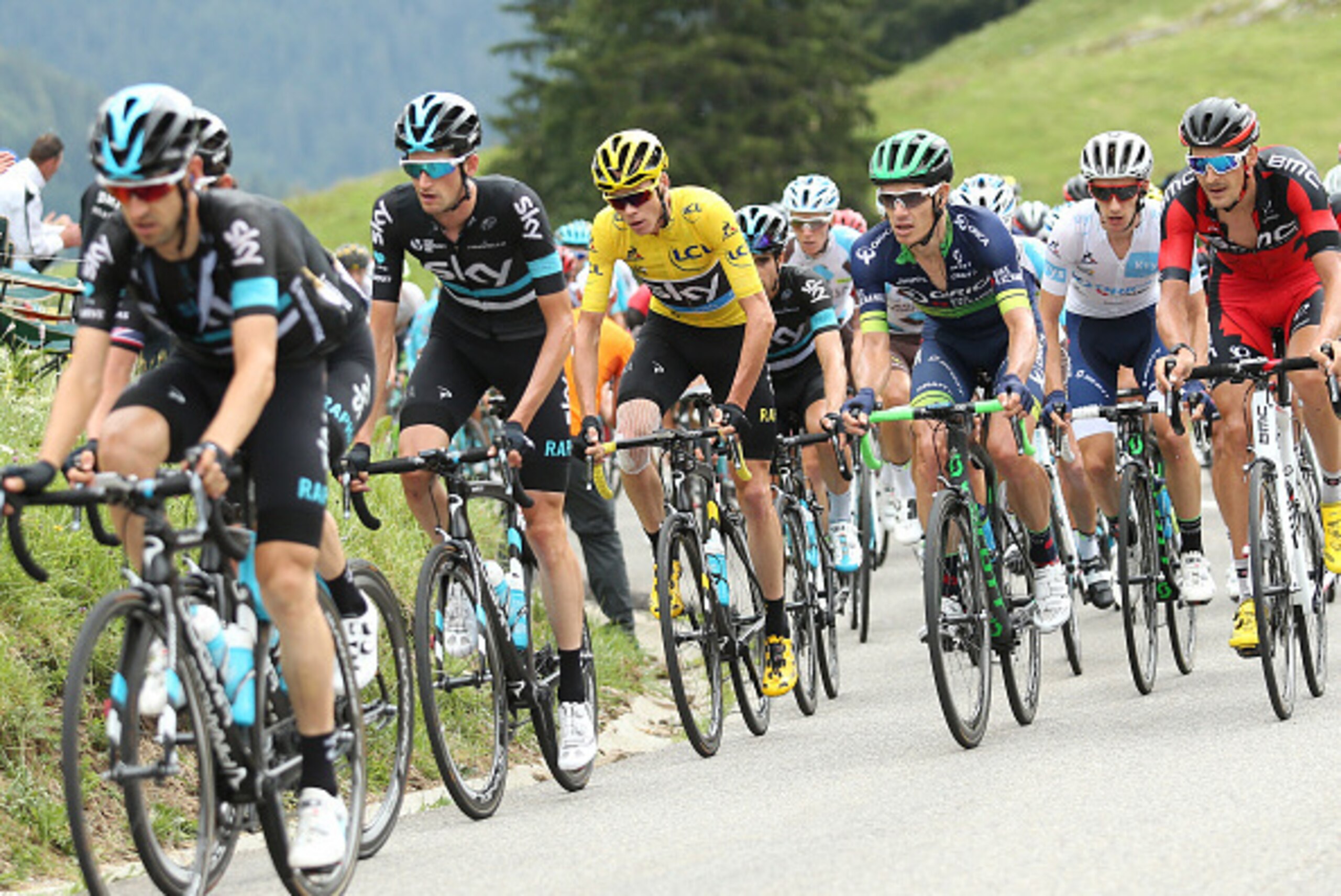 MORZINE AVORIAZ, FRANCE - JULY 23: Wouter Poels of The Netherlands and Team Sky, Chris Froome of Great Britain and Team Sky, Daryl Impey of USA and Orica-BikeExchange, Adam Yates of Great Britain and Orica-BikeExchange, Marcus Burghardt of Germany and BMC