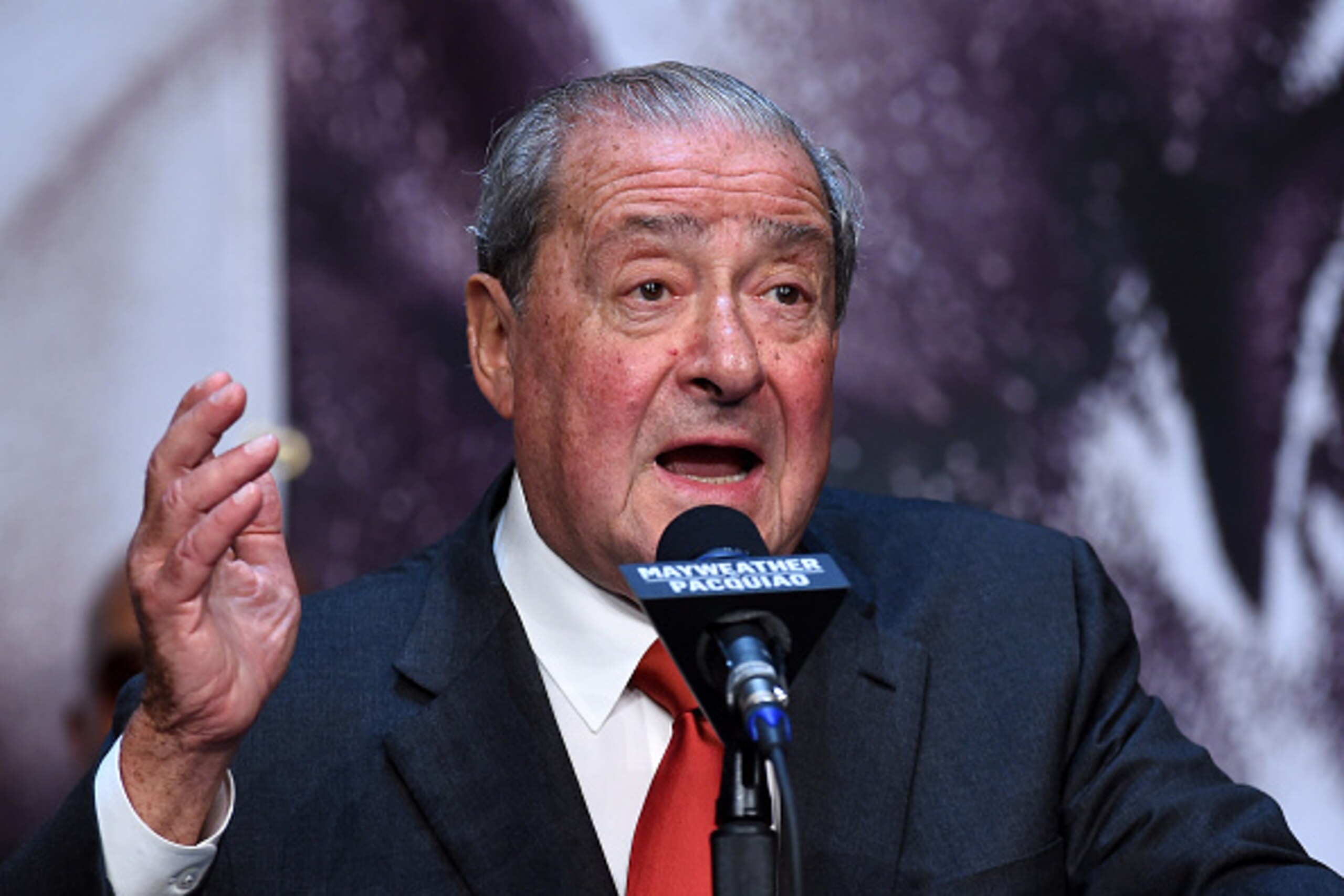 LAS VEGAS, NV - APRIL 29: Top Rank Founder and CEO Bob Arum speaks during a news conference for the unification fight between WBC/WBA welterweight champion Floyd Mayweather Jr. and WBO welterweight champion Manny Pacquiao at the KA Theatre at MGM Grand H LAS VEGAS, NV - APRIL 29: Top Rank Founder and CEO Bob Arum speaks during a news conference for the unification fight between WBC/WBA welterweight champion Floyd Mayweather Jr. and WBO welterweight champion Manny Pacquiao at the KA Theatre at MGM Grand H