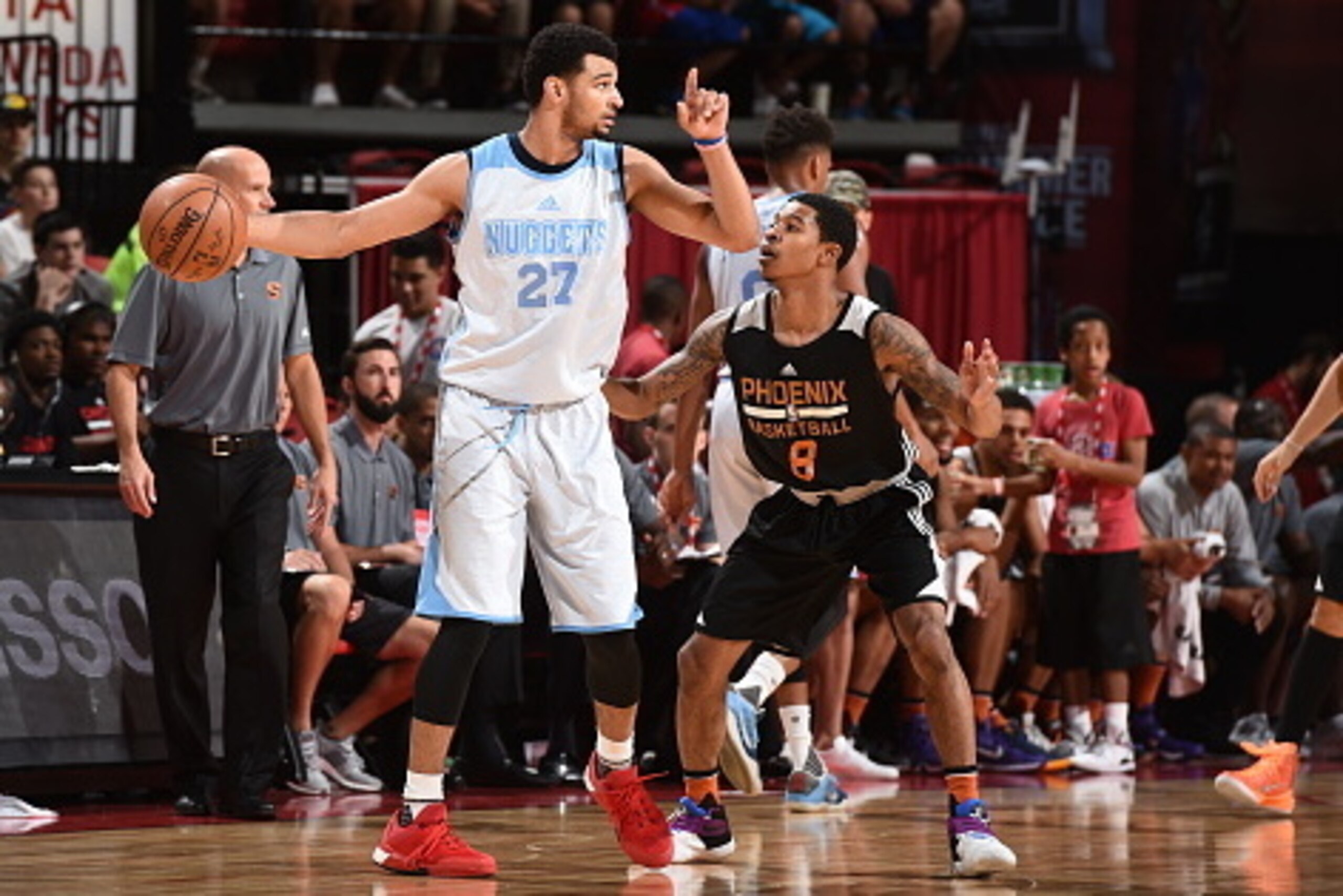 LAS VEGAS, NV - JULY 16: Jamal Murray #27 of the Denver Nuggets defends the ball against Tyler Ulis #8 of Phoenix Suns during the 2016 NBA Las Vegas Summer League on July 16, 2016 at Thomas & Mack Center in Las Vegas, Nevada. NOTE TO USER: User expressly LAS VEGAS, NV - JULY 16: Jamal Murray #27 of the Denver Nuggets defends the ball against Tyler Ulis #8 of Phoenix Suns during the 2016 NBA Las Vegas Summer League on July 16, 2016 at Thomas & Mack Center in Las Vegas, Nevada. NOTE TO USER: User expressly