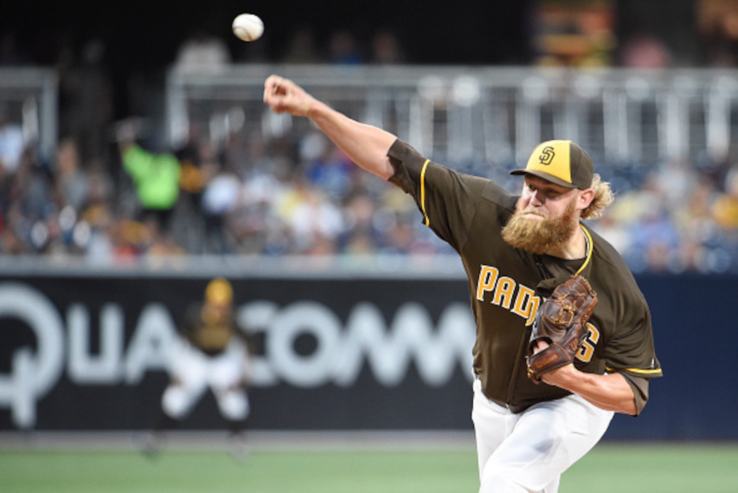 SAN DIEGO, CALIFORNIA - JULY 15:  Andrew Cashner #34 of the San Diego Padres pitches during the first inning of a baseball game against the San Francisco Giants at PETCO Park on July 15, 2016 in San Diego, California.   (Photo by Denis Poroy/Getty Images)