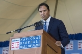 Jul 24, 2016; Cooperstown, NY, USA; Hall of Fame Inductee Mike Piazza makes his acceptance speech during the 2016 MLB baseball hall of fame induction ceremony at Clark Sports Center. Mandatory Credit: Gregory J. Fisher-USA TODAY Sports