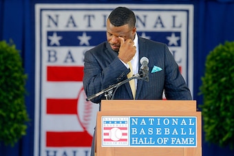 COOPERSTOWN, NY - JULY 24:  Ken Griffey Jr. fights back tears as he speaks at Clark Sports Center during the Baseball Hall of Fame induction ceremony on July 24, 2016 in Cooperstown, New York.  (Photo by Jim McIsaac/Getty Images)