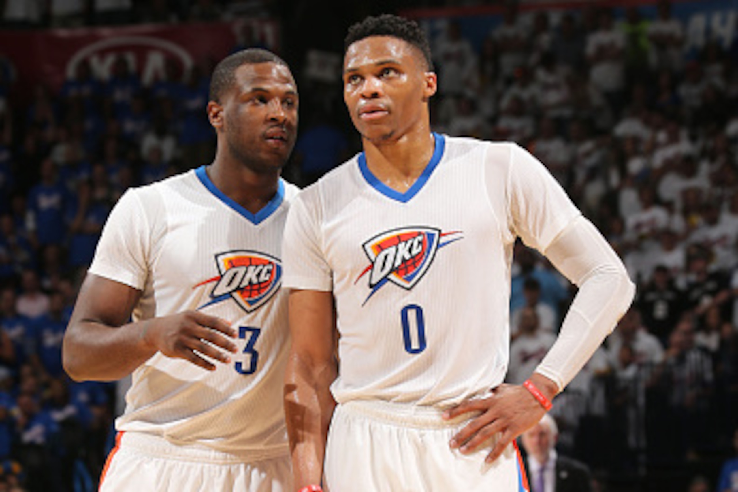 OKLAHOMA CITY, OK - MAY 6: Dion Waiters #3 and Russell Westbrook #0 of the Oklahoma City Thunder during Game Three of the Western Conference Semifinals during the 2016 NBA Playoffs against the San Antonio Spurs on May 6, 2016 at Chesapeake Energy Arena in OKLAHOMA CITY, OK - MAY 6: Dion Waiters #3 and Russell Westbrook #0 of the Oklahoma City Thunder during Game Three of the Western Conference Semifinals during the 2016 NBA Playoffs against the San Antonio Spurs on May 6, 2016 at Chesapeake Energy Arena in