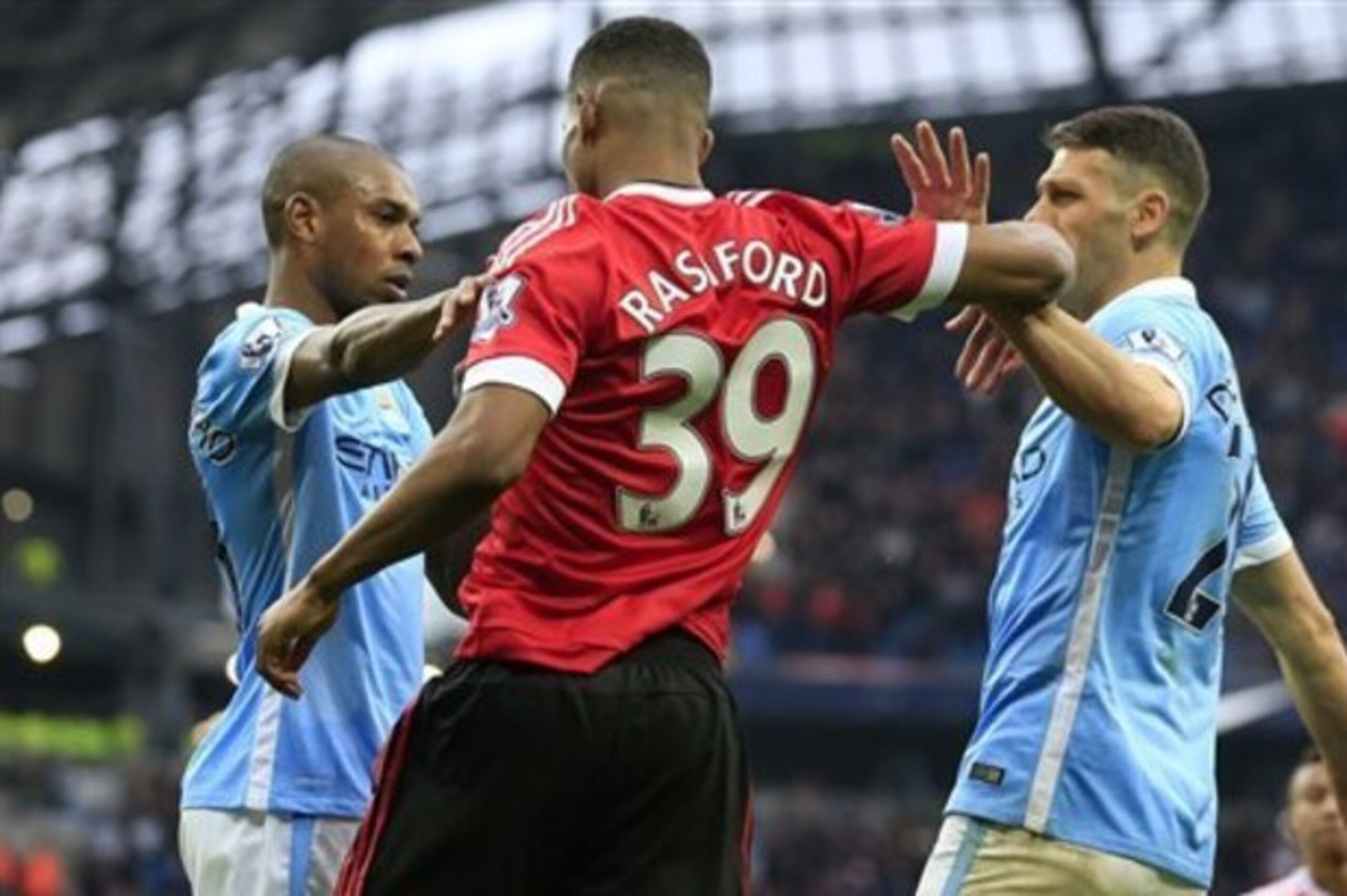 Marcus Rashford sticks up for himself at the last Manchester derby, in which he scored the winning goal.