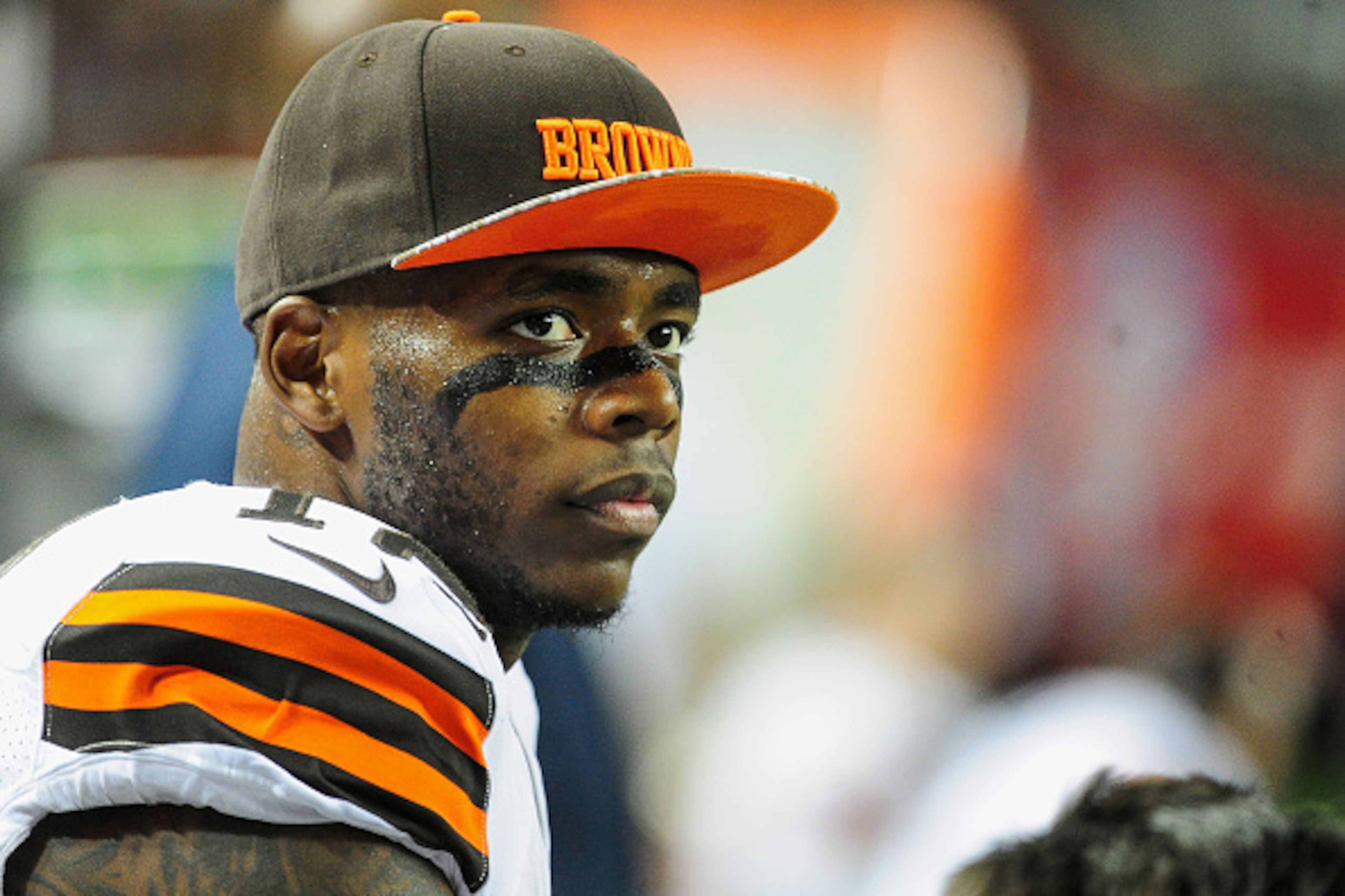 ATLANTA, GA - NOVEMBER 23:  Josh Gordon #12 of the Cleveland Browns stands on the sideliens in the first half against the Atlanta Falcons at Georgia Dome on November 23, 2014 in Atlanta, Georgia.  (Photo by Scott Cunningham/Getty Images)