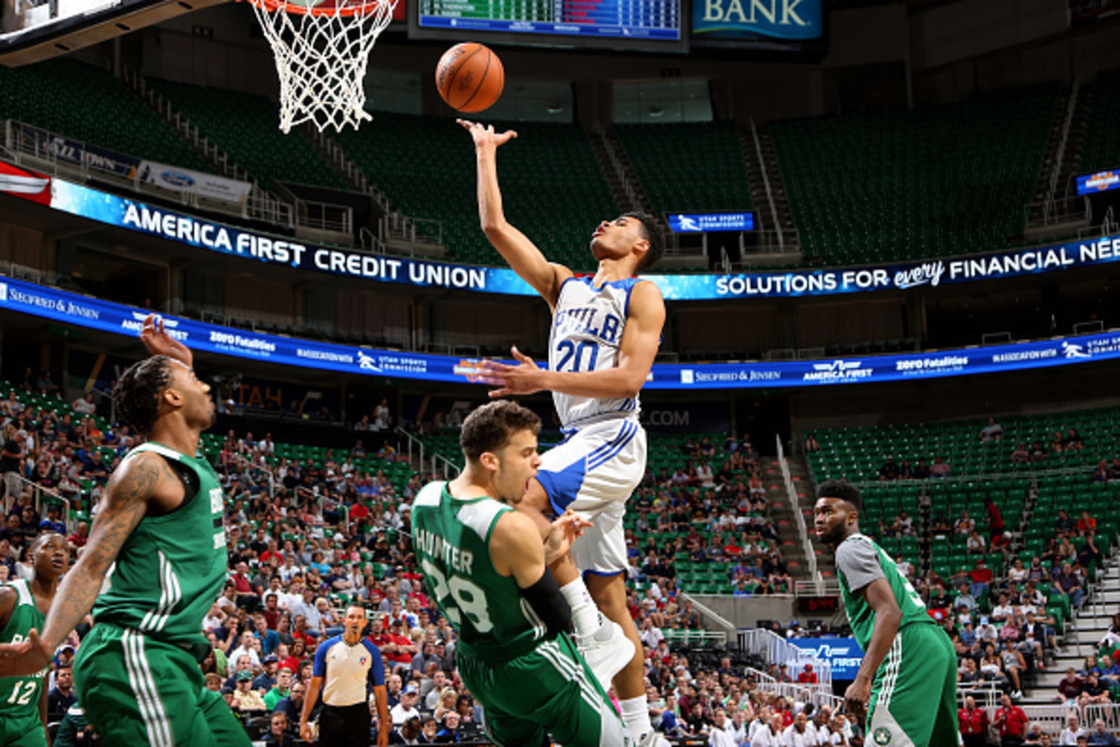 SALT LAKE CITY, UT - JULY 4: Timothe Luwawu-Cabarrot #20 of Philadelphia 76ers shoots a layup during the game against the Boston Celtics during the 2016 NBA Utah Summer League on July 4, 2016 at Vivint Smart Home Arena in Salt Lake City, Utah. NOTE TO USE