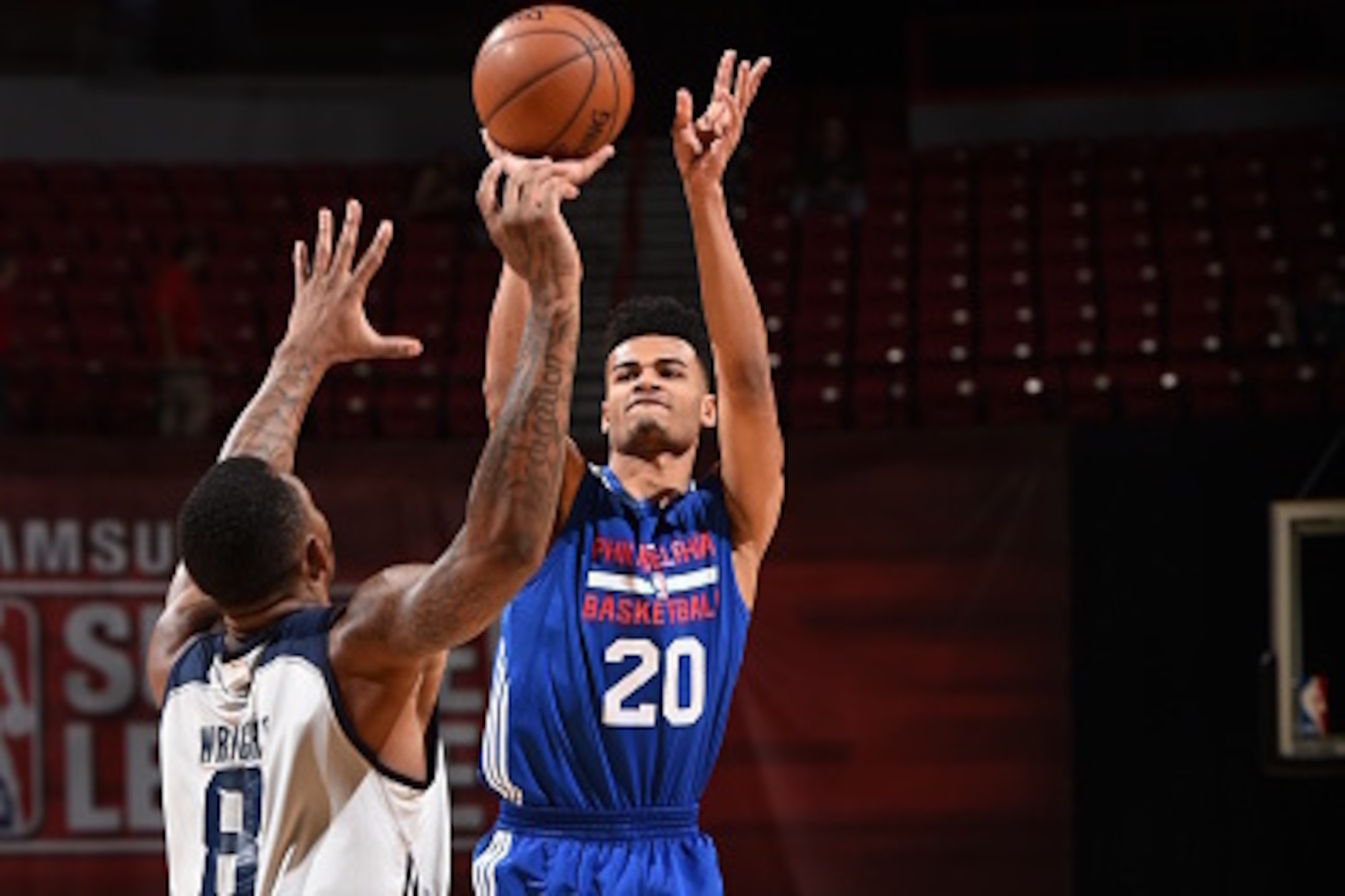LAS VEGAS, NV - JULY 13: Timothe Luwawu Cabarrot #20 of Philadelphia 76ers shoots against the D-League during the 2016 Las Vegas Summer League on July 13, 2016 at the Thomas & Mack Center in Las Vegas, Nevada. NOTE TO USER: User expressly acknowledges and