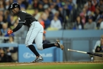 April 28, 2016; Los Angeles, CA, USA; Miami Marlins second baseman Dee Gordon (9) against the Los Angeles Dodgers at Dodger Stadium. Mandatory Credit: Gary A. Vasquez-USA TODAY Sports