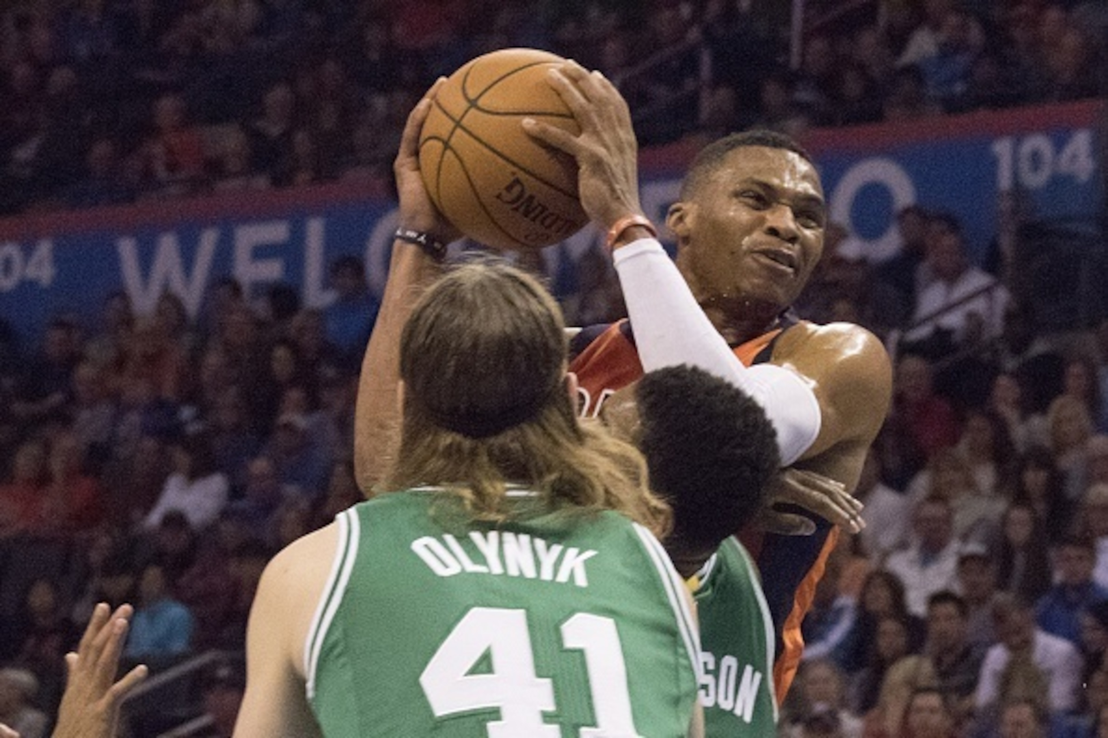 OKLAHOMA CITY, OK - NOVEMBER 15: Boston Celtics players try to block Russell Westbrook #0 of the Oklahoma City Thunder during the first quarter of a NBA game at the Chesapeake Energy Arena on November 15, 2015 in Oklahoma City, Oklahoma. NOTE TO USER: Use