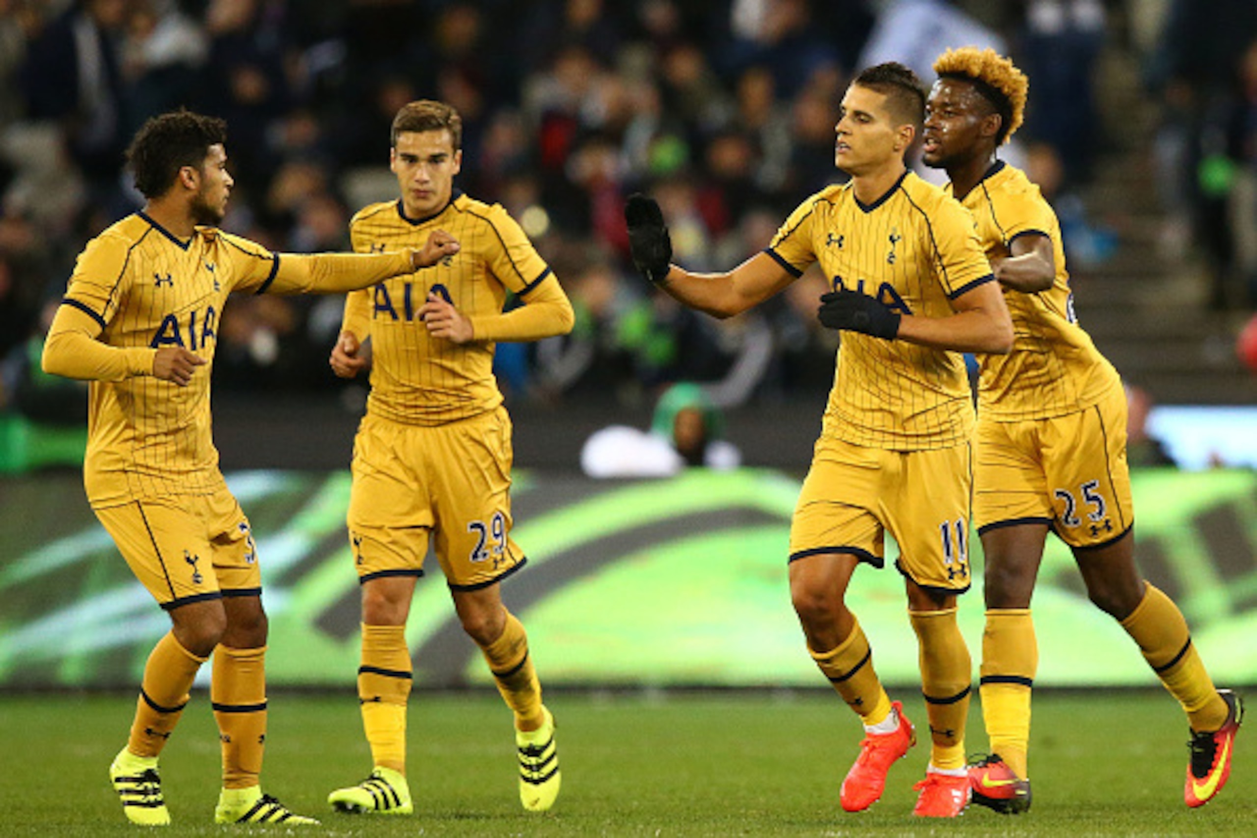 MELBOURNE, AUSTRALIA - JULY 26:  XX Erik Lamela of Tottenham Hotspur celebrates after scoring a goal during the 2016 International Champions Cup match between Juventus FC and Tottenham Hotspur at Melbourne Cricket Ground on July 26, 2016 in Melbourne, Aus